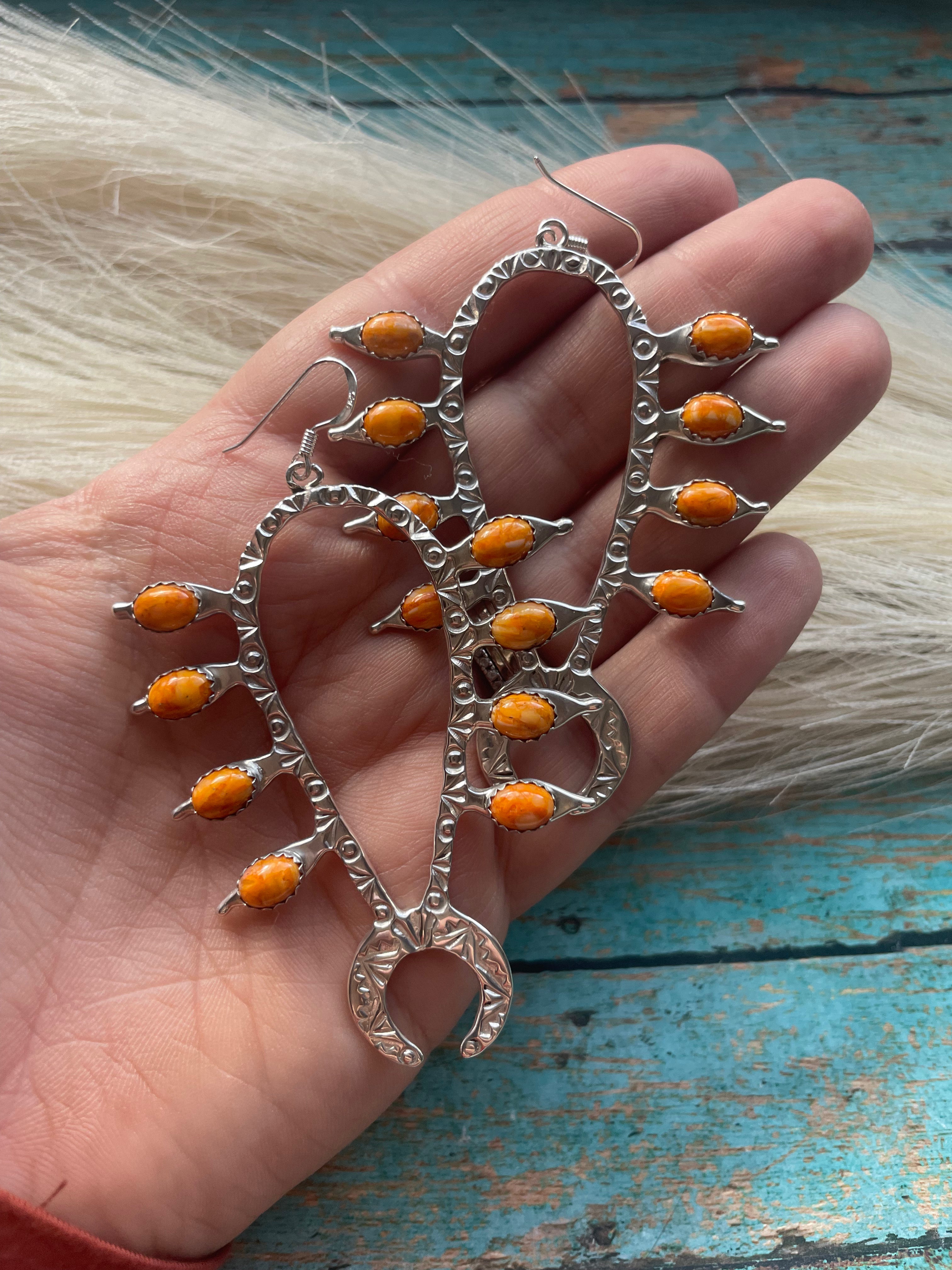 Navajo Sterling Silver & Orange Spiny Squash Blossom Dangle Earrings Signed