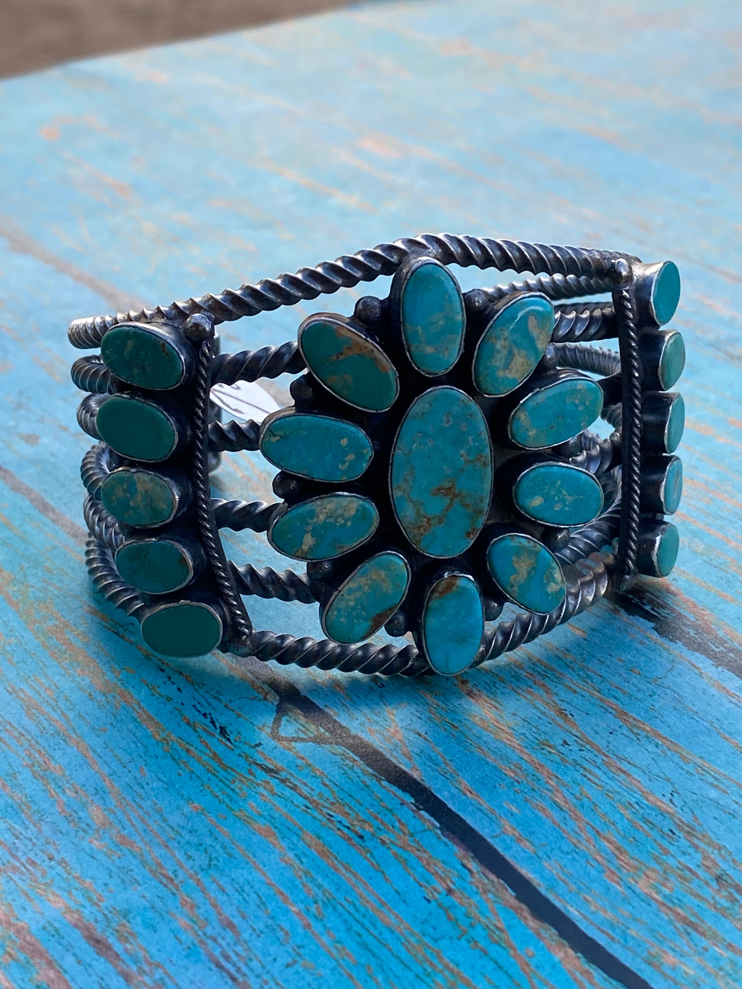 Navajo Jacqueline Silver Royston Turquoise & Sterling Cluster Cuff /