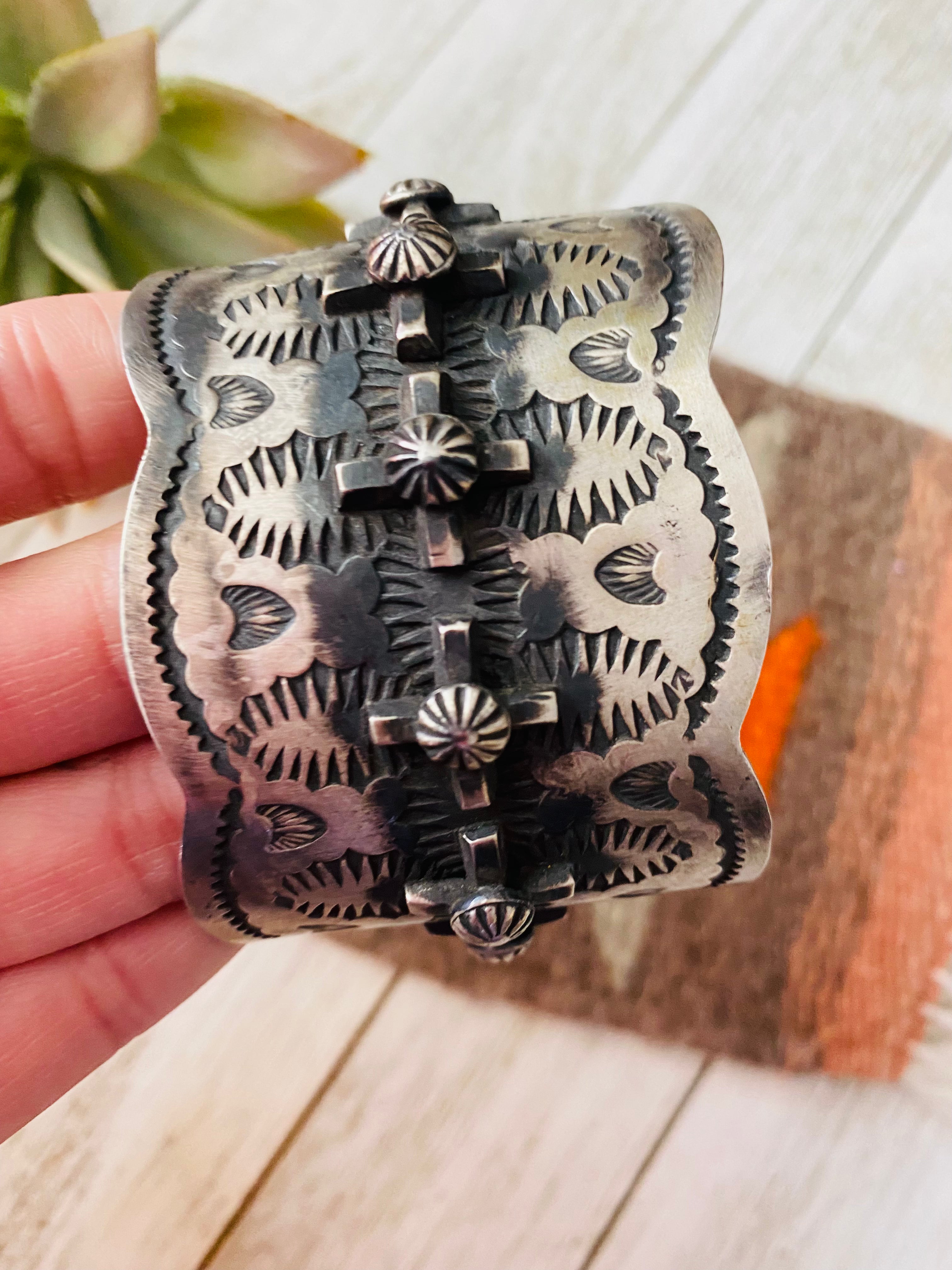 Navajo Hand Stamped Sterling Silver Cross Cuff Bracelet By Chimney Butte