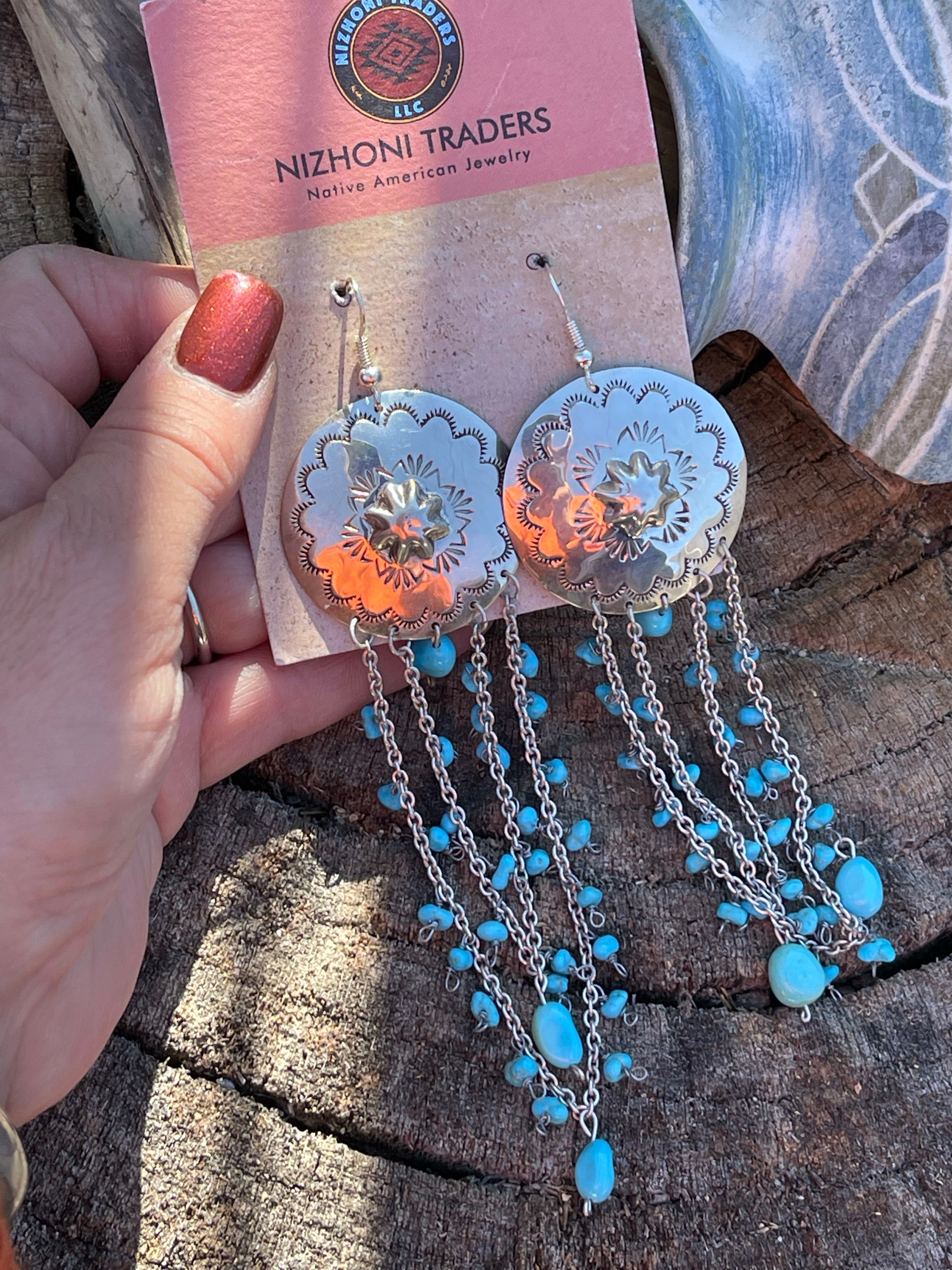 Sterling Silver Turquoise Concho Chain Dangle Earrings