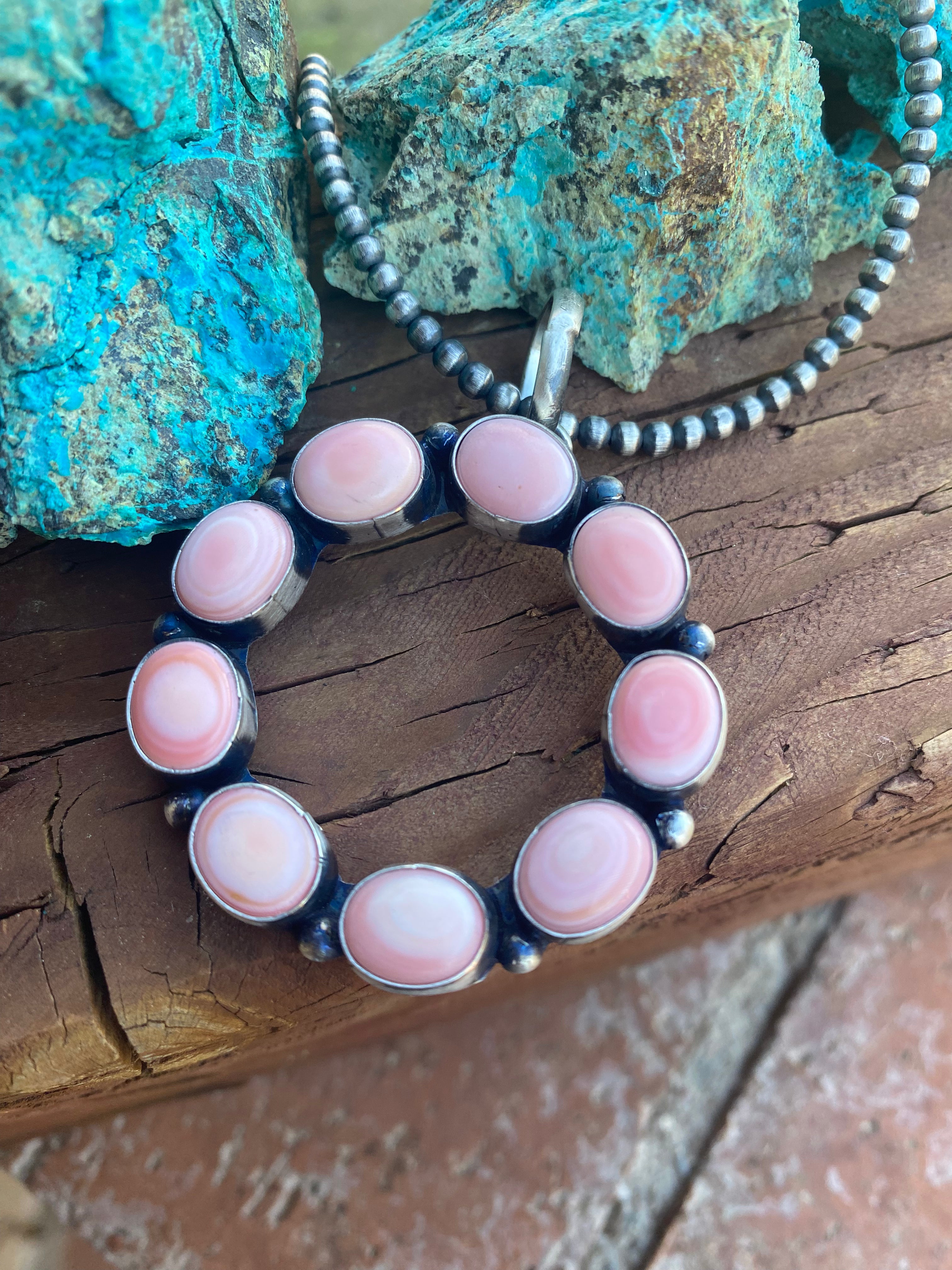 Handcrafted Round Queen Pink Conch & Sterling Silver Pendant Signed