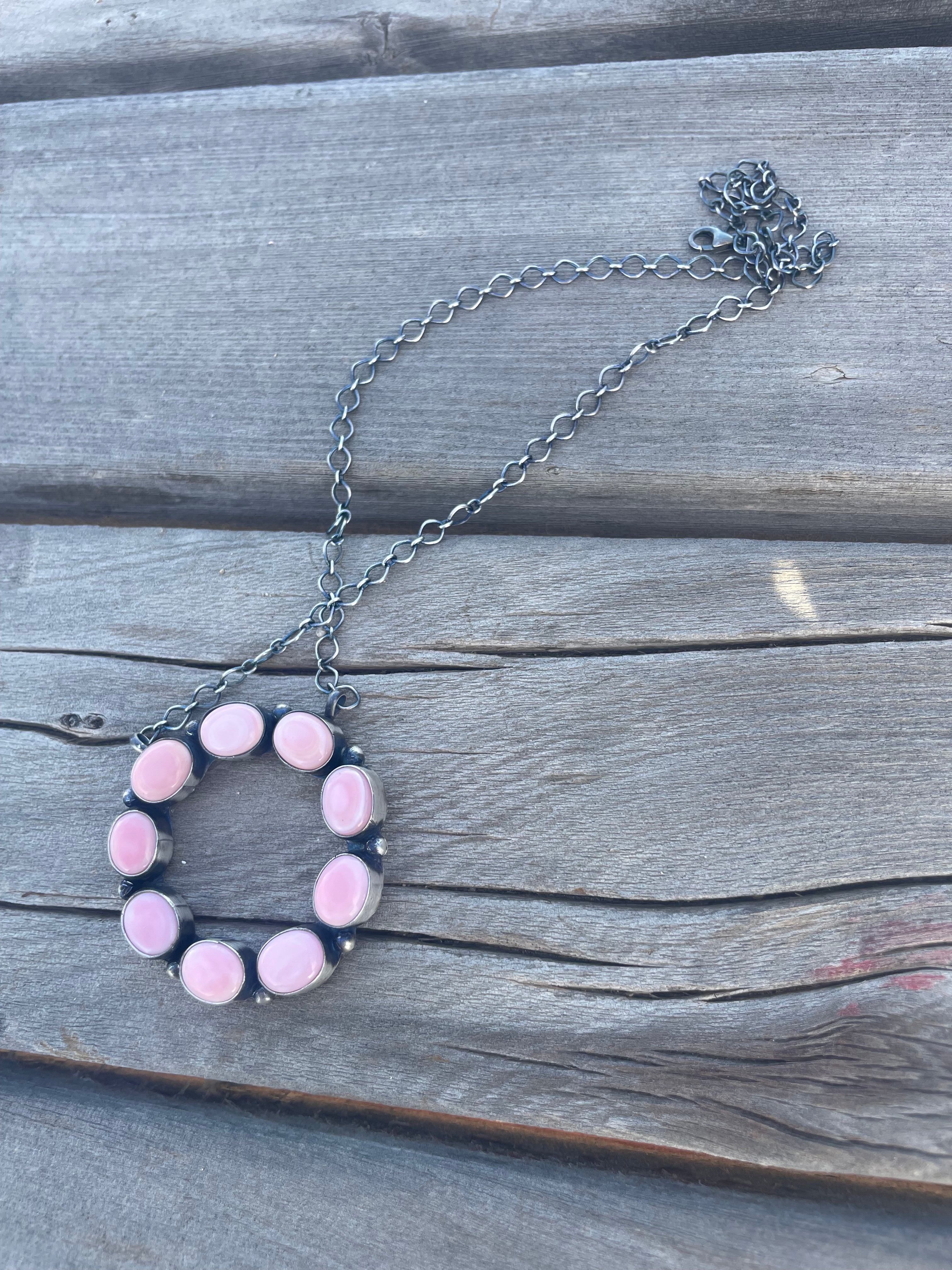 Handcrafted Queen Pink Conch Shell And Sterling Silver Circle Necklace Signed