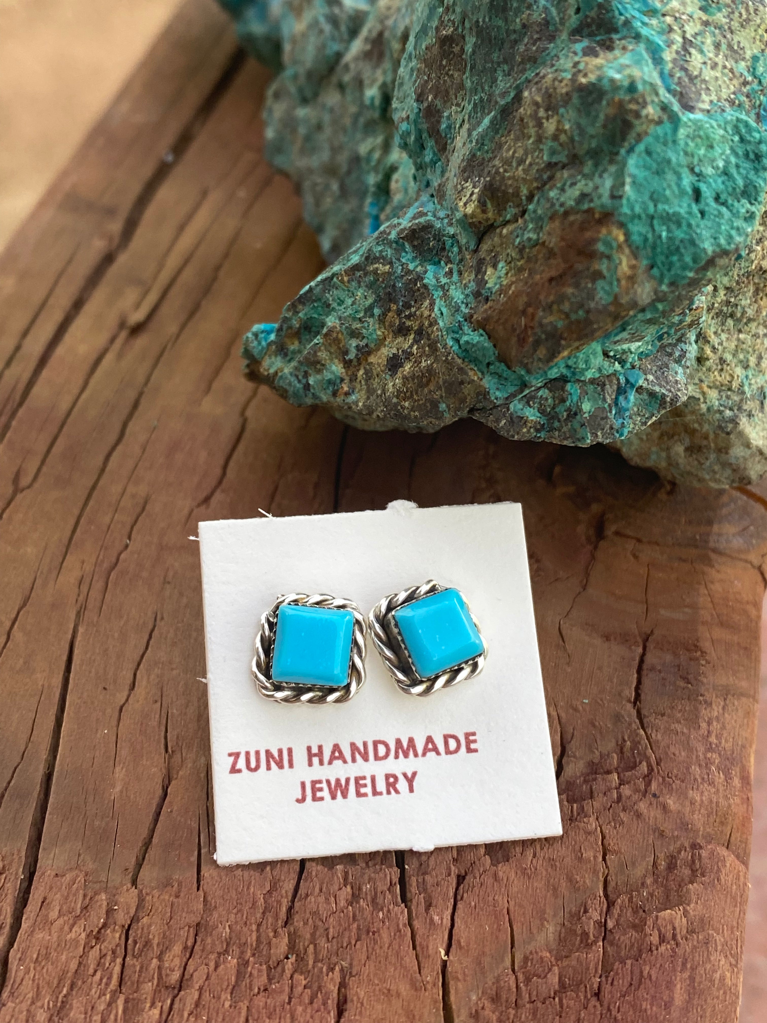 Handcrafted Sterling Silver Kingman Turquoise Square Stud Earrings