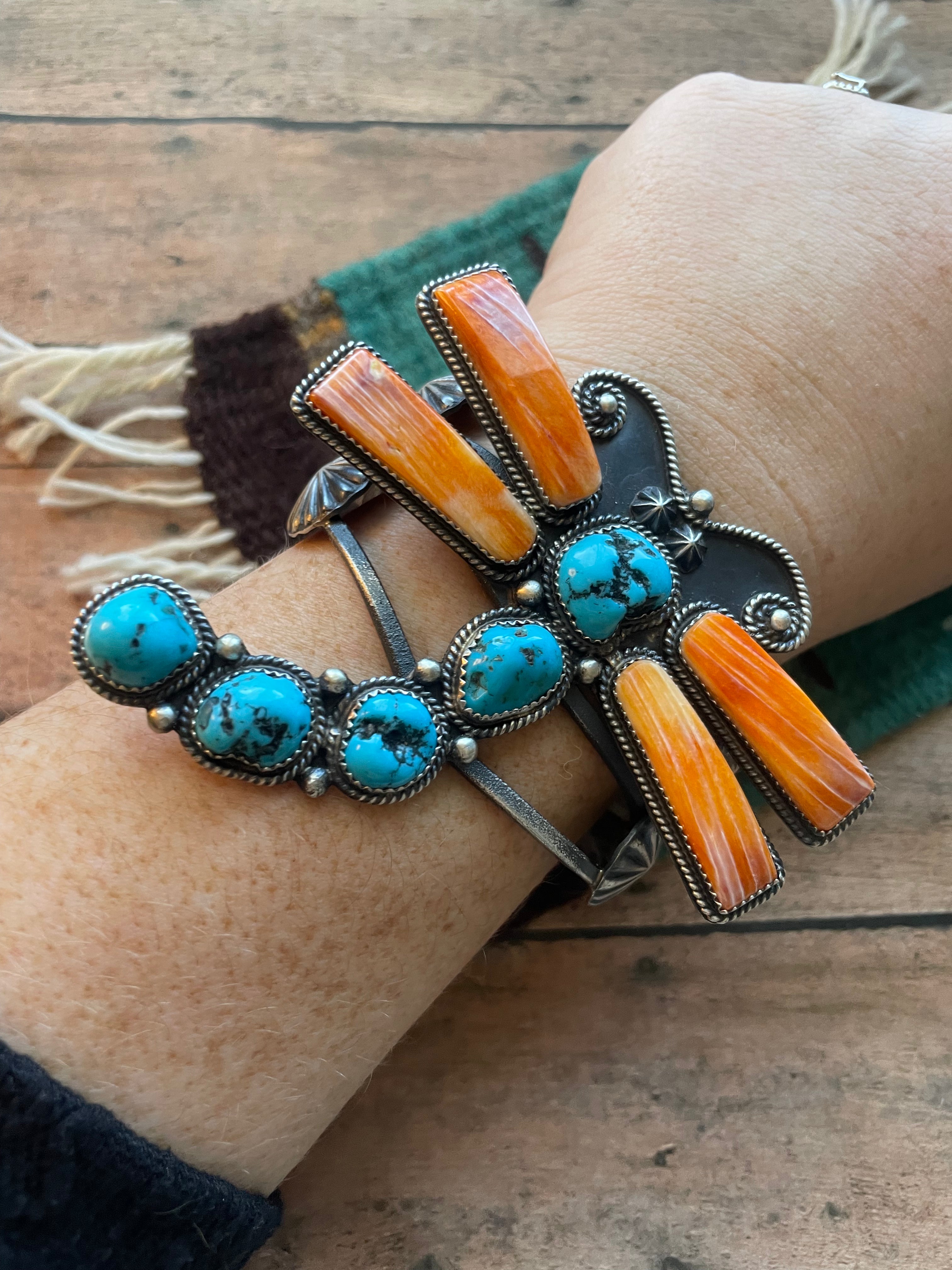 Navajo Kingman Turquoise, Spiny & Sterling Silver Dragonfly Cuff Bracelet Signed Kevin Billah