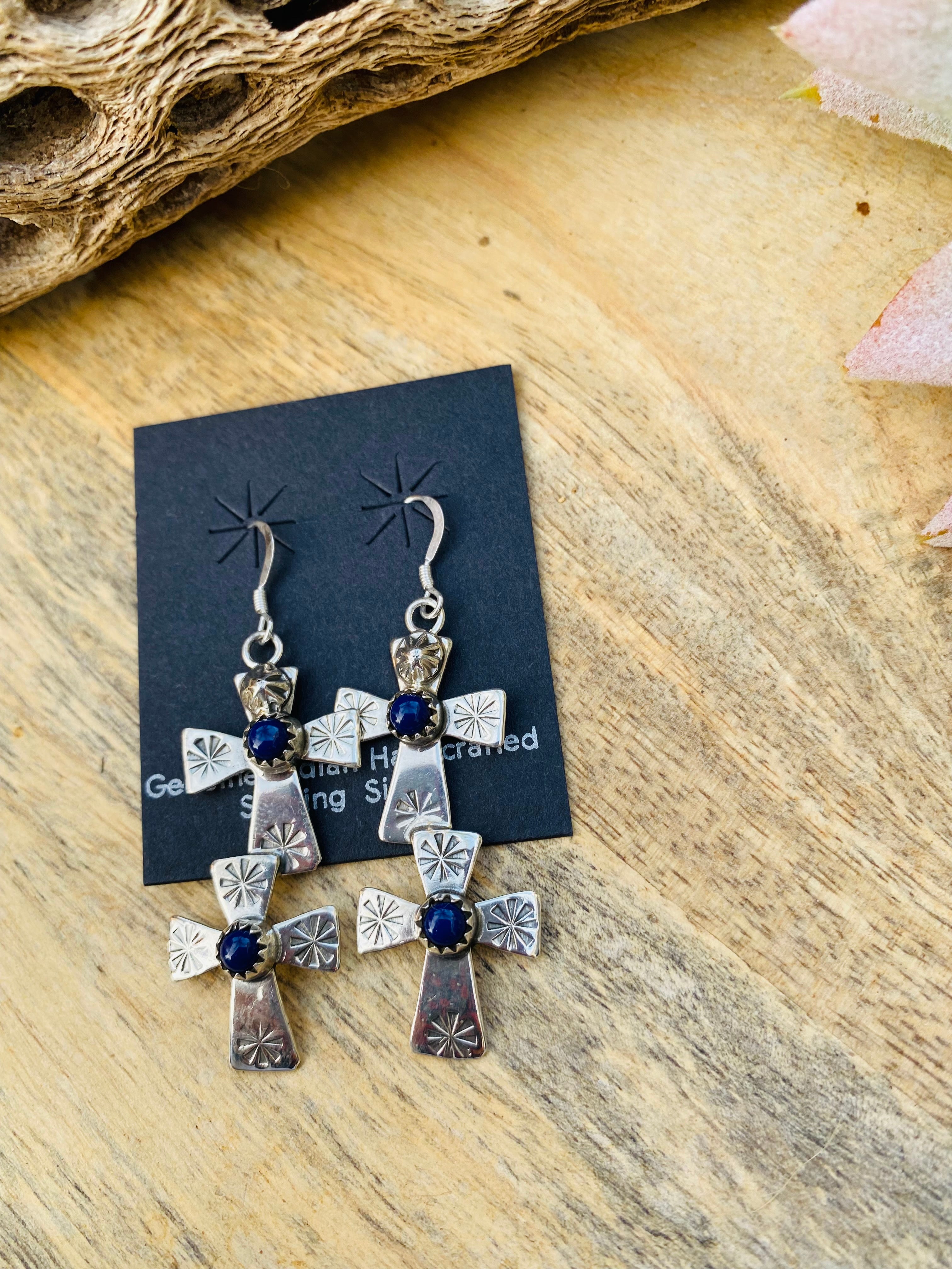 Handcrafted & Hand Stamped Sterling Silver & Lapis Double Cross Dangle Earrings