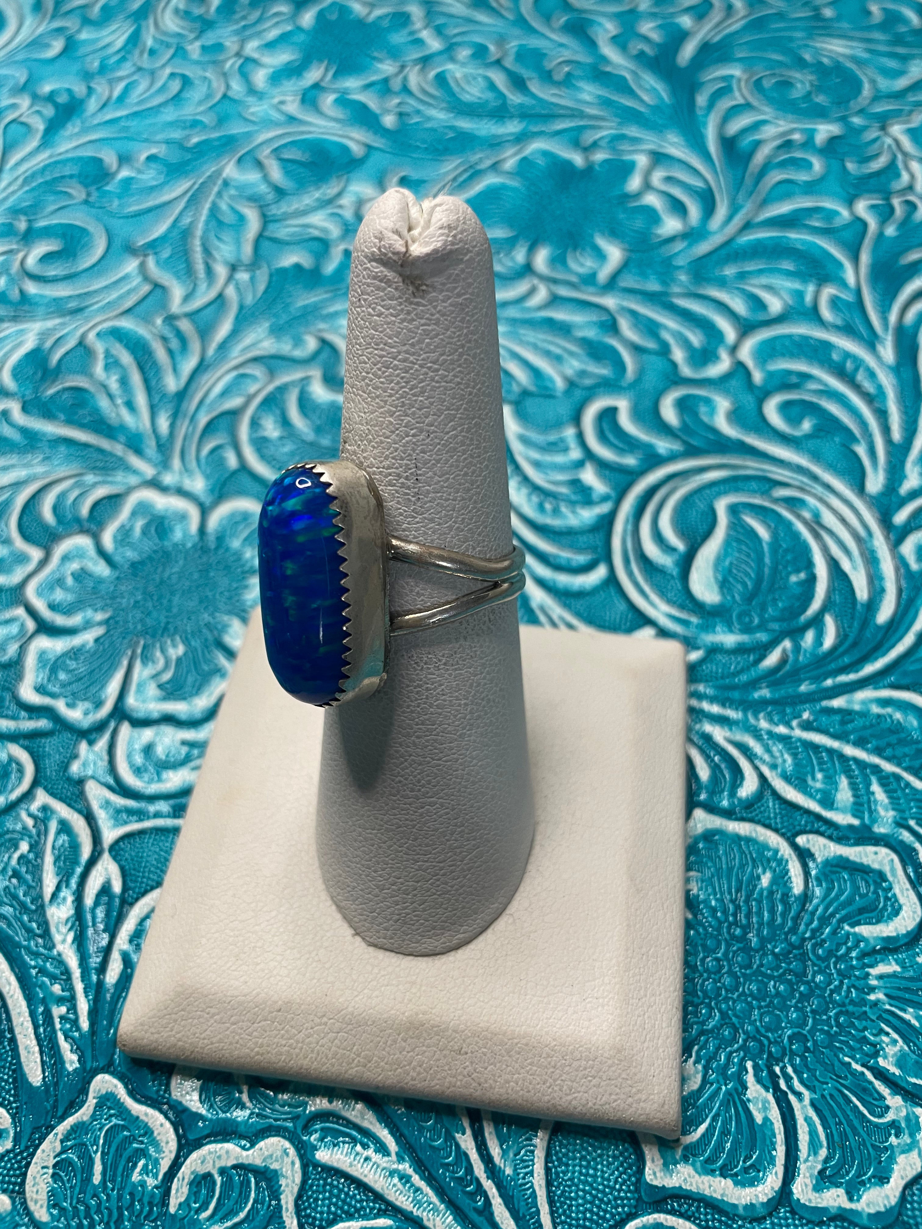 Handcrafted Man Made Sterling Silver & Blue Opal Ring Signed