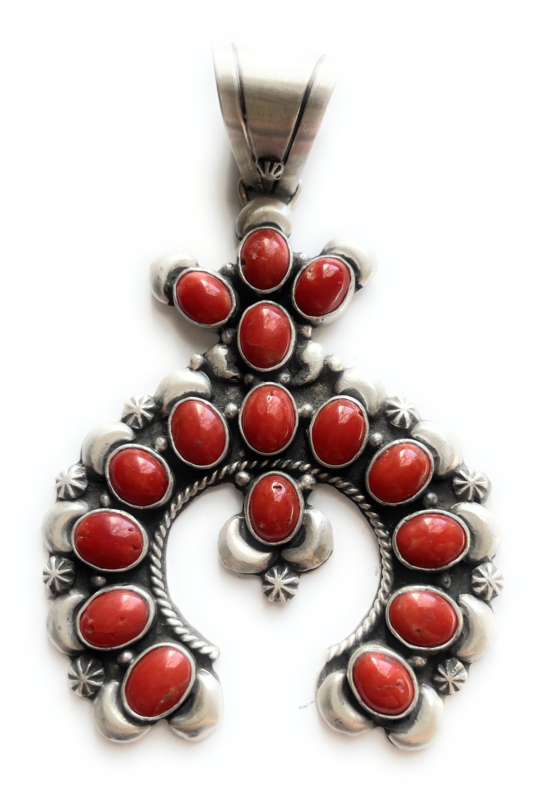 Handcrafted Natural Coral & Sterling Silver Naja Pendant Signed P Yazzie’s