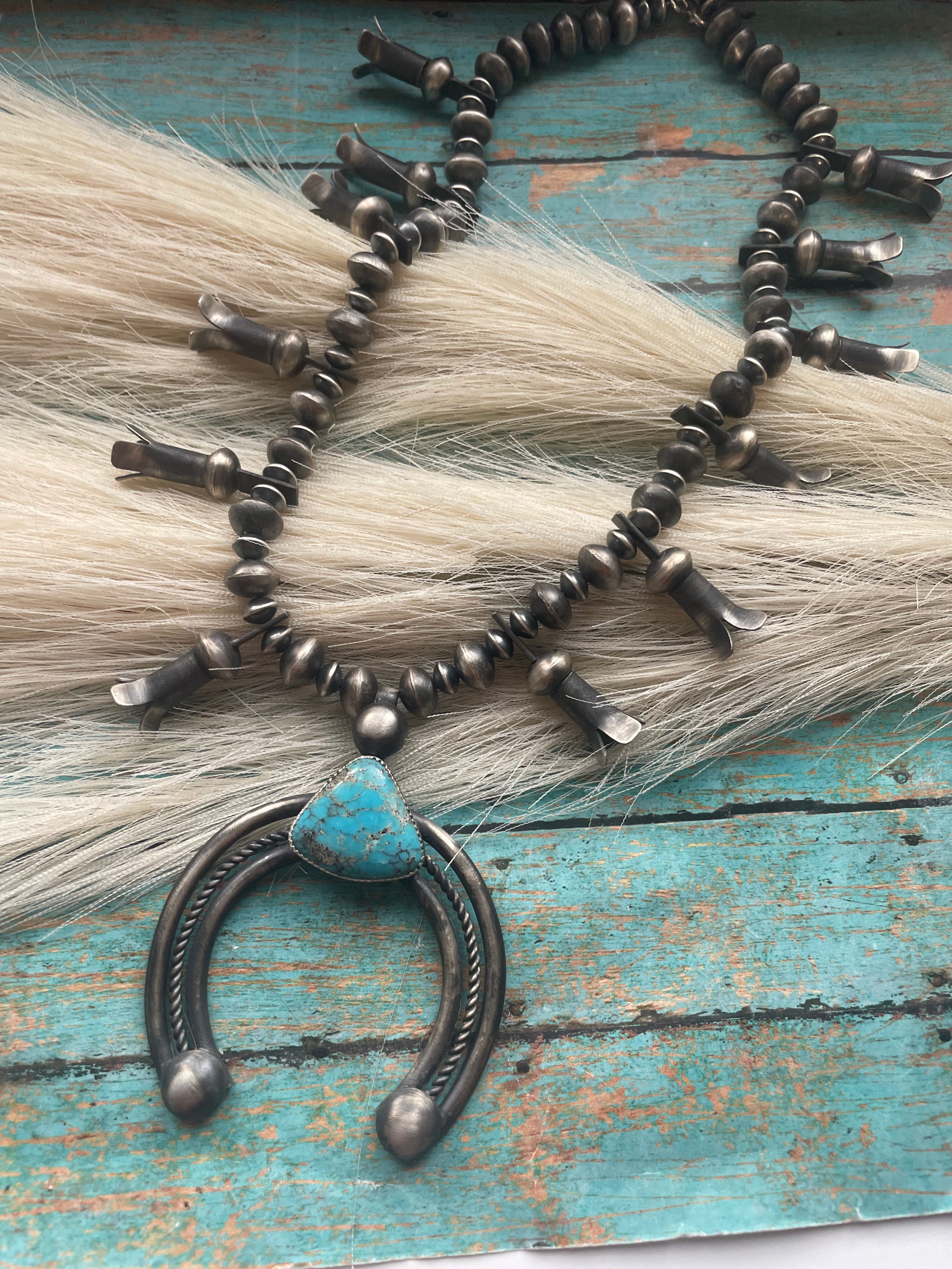 Vintage Navajo Kingman Turquoise & Sterling Silver Beaded Squash Blossom Necklace Signed