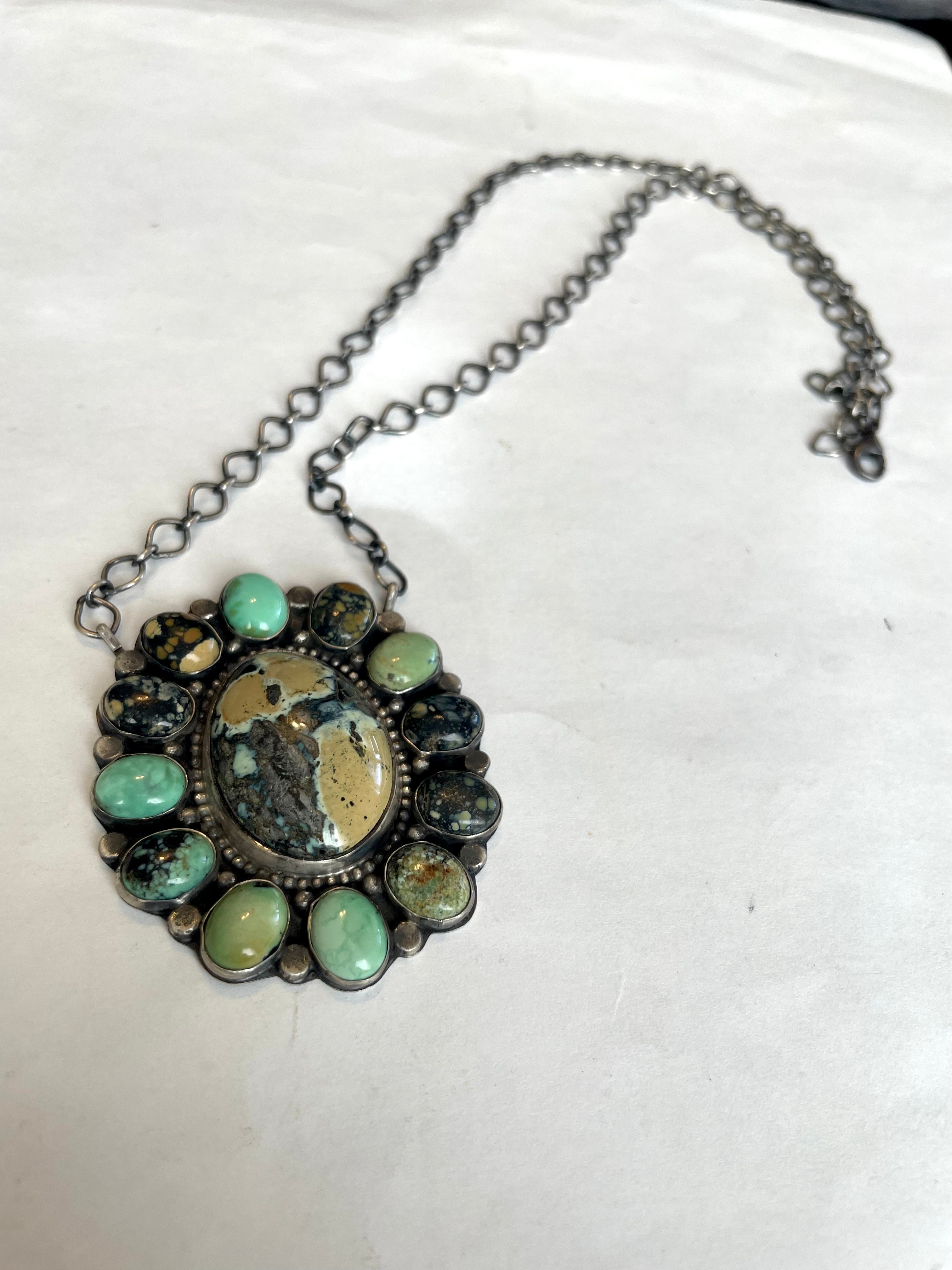 Navajo Royston & Carico Turquoise & Sterling Silver Cluster Necklace by Sheila Becenti