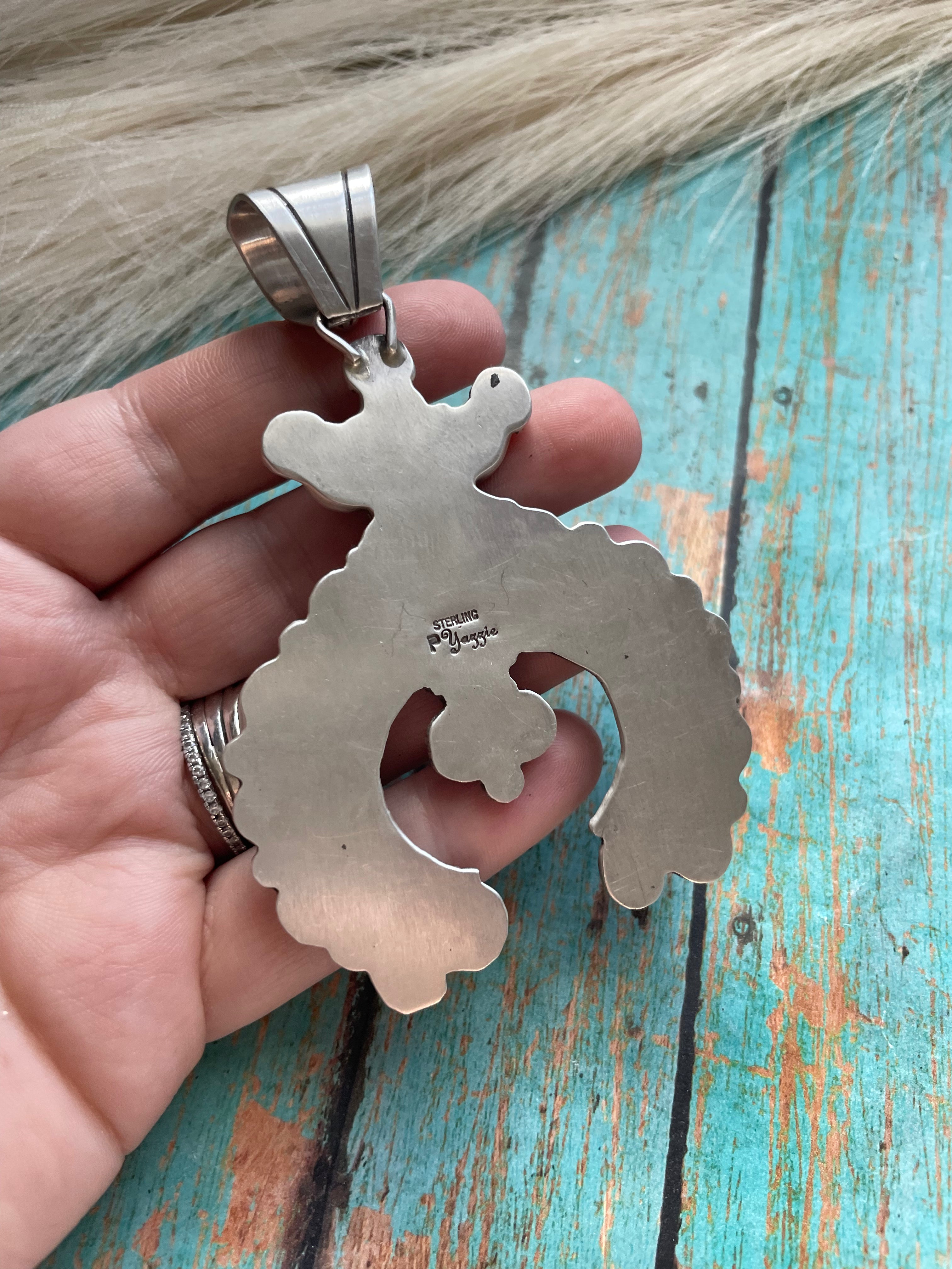 Handcrafted Natural Coral & Sterling Silver Naja Pendant Signed P Yazzie’s