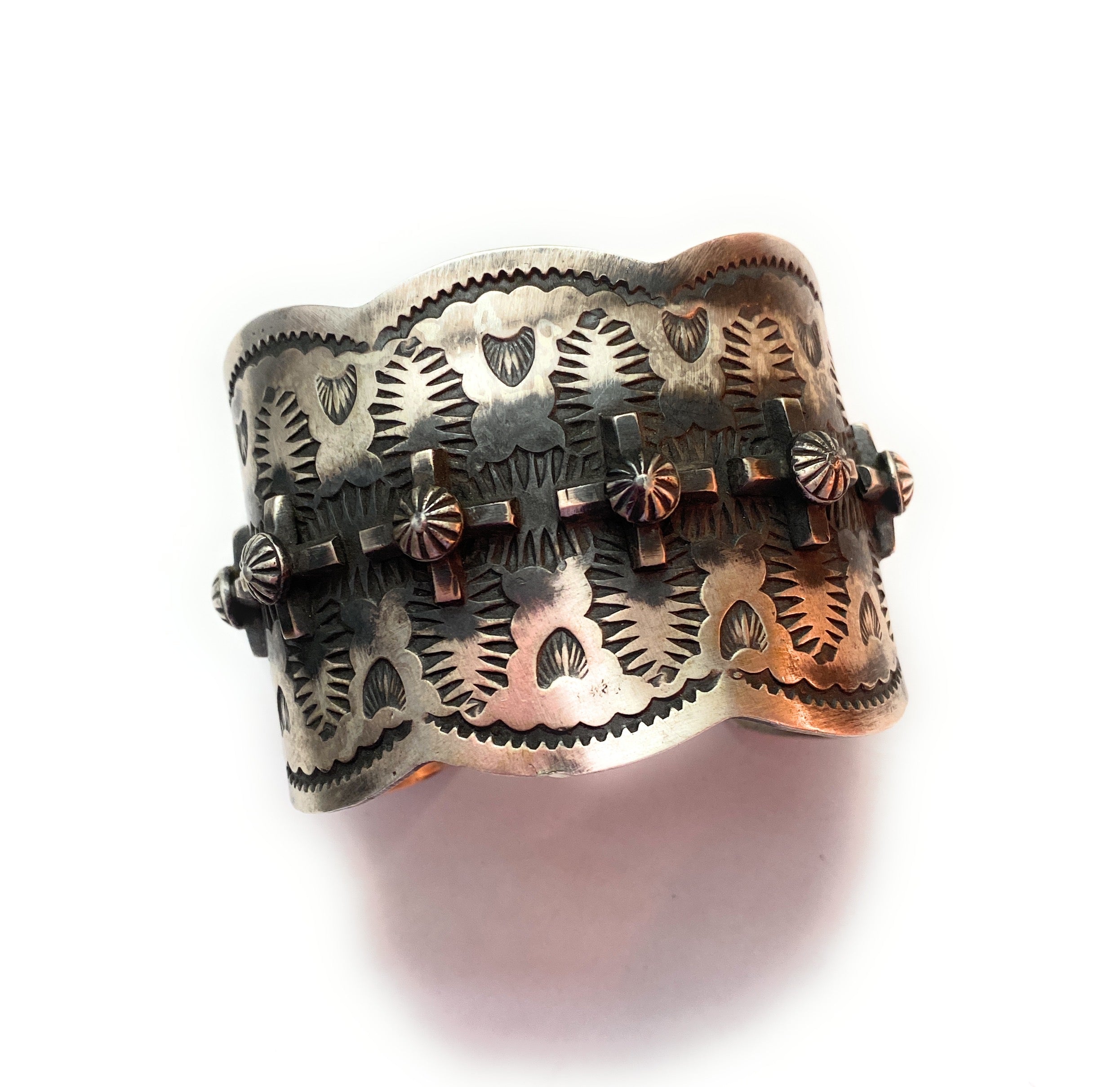 Navajo Hand Stamped Sterling Silver Cross Cuff Bracelet By Chimney Butte