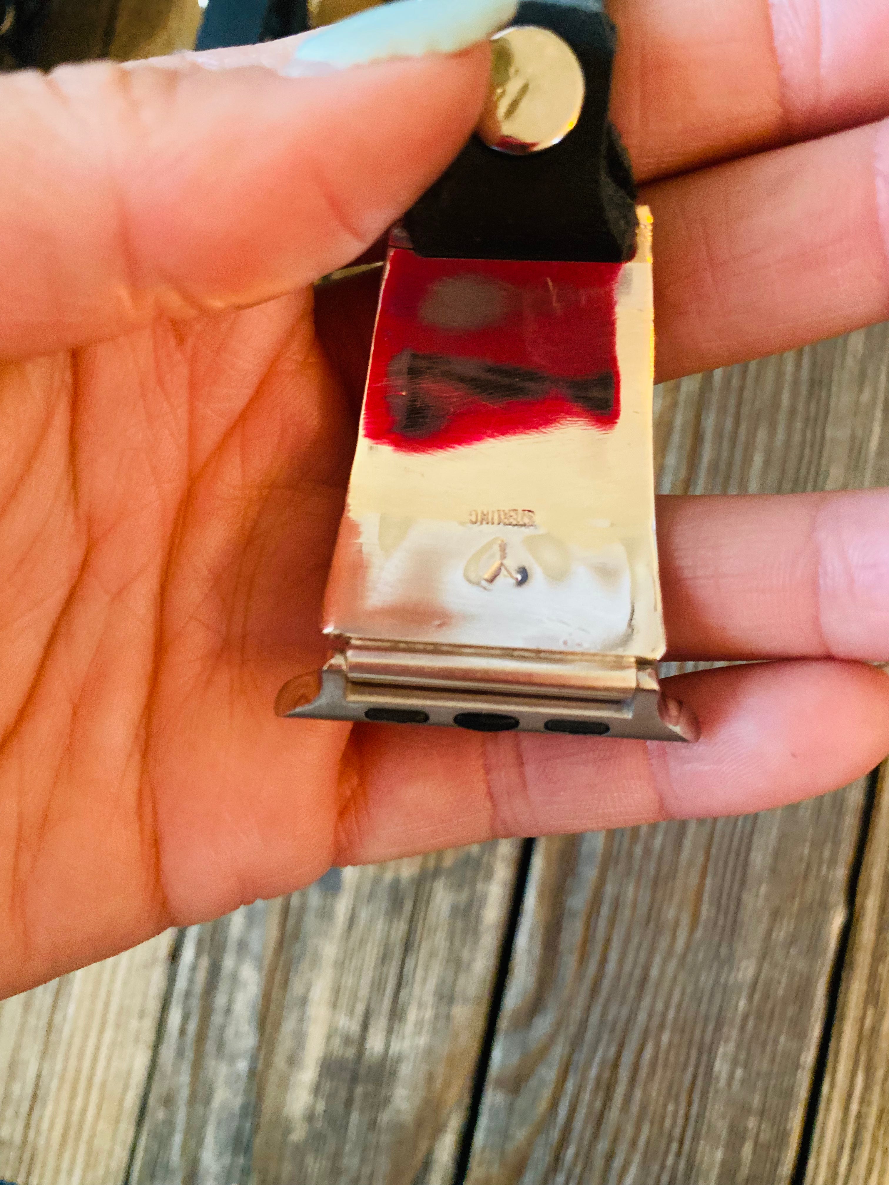 Handcrafted Multi Stone, Sterling Silver & Black Leather Smartphone Watch Band