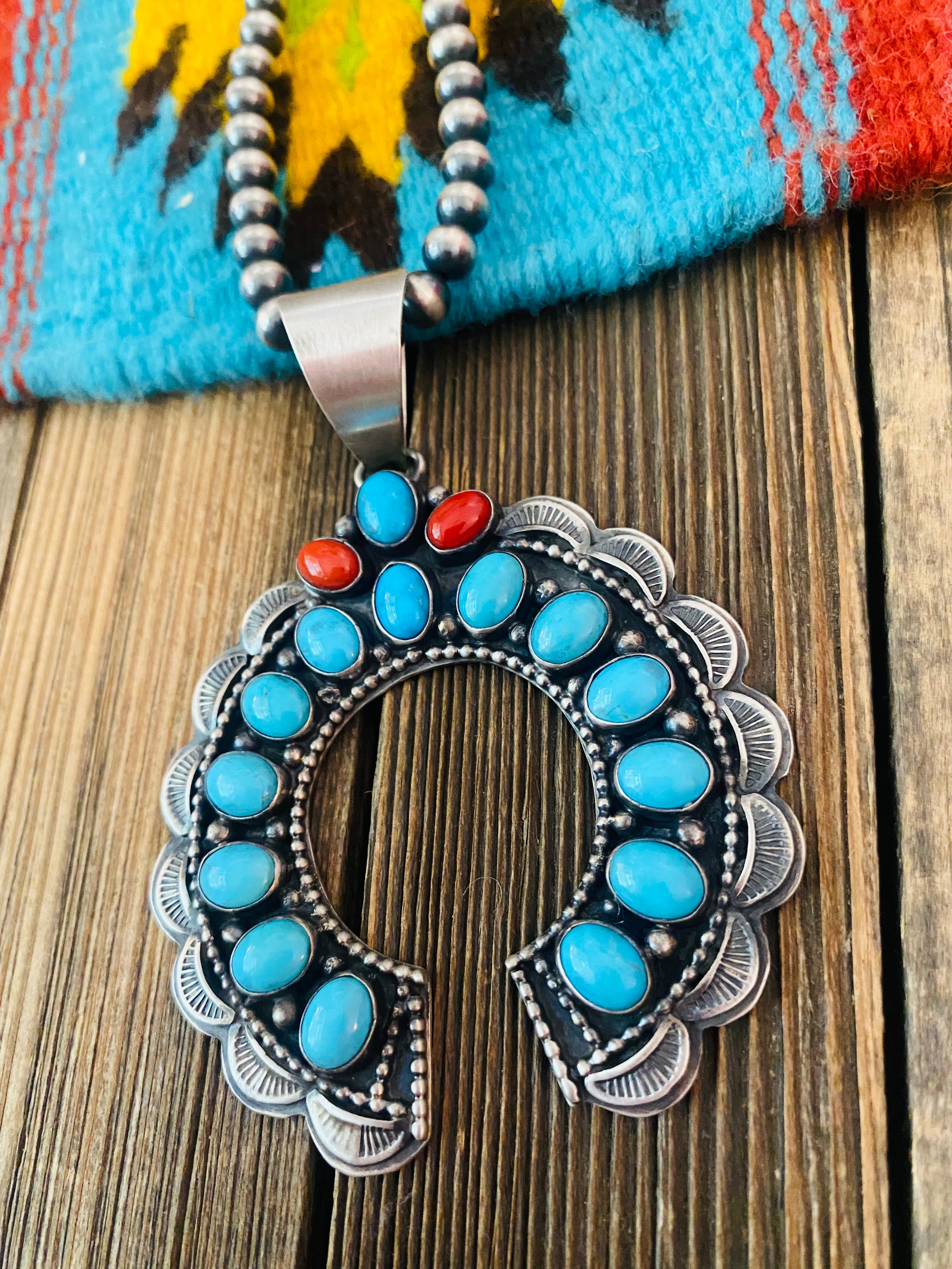 Handcrafted Sterling Silver, Sleeping Beauty Turquoise & Coral Naja Pendant by Lorenzo Juan