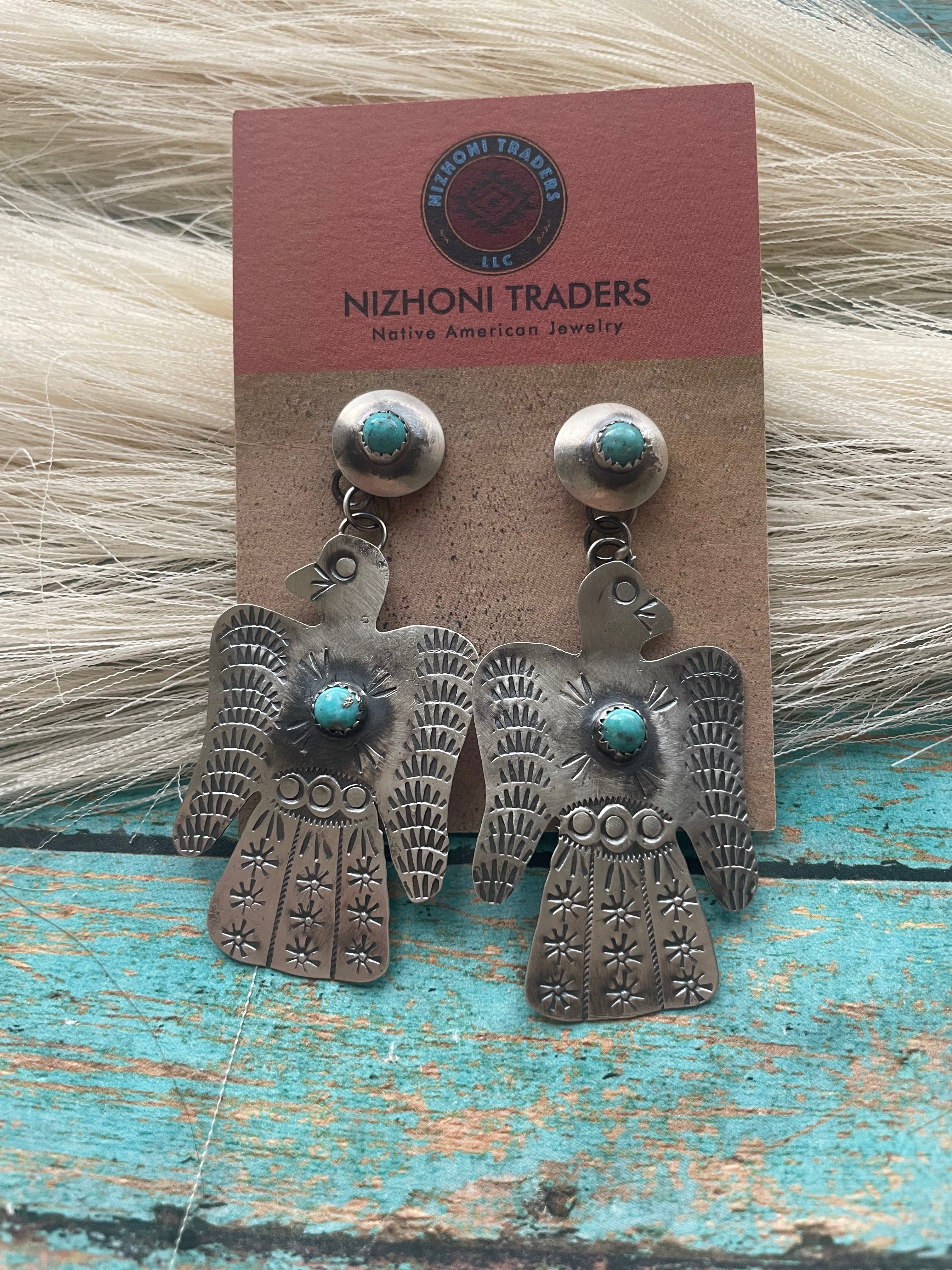 Handcrafted Turquoise & Sterling Silver Thunderbird Dangle Earrings By Tim Yazzie