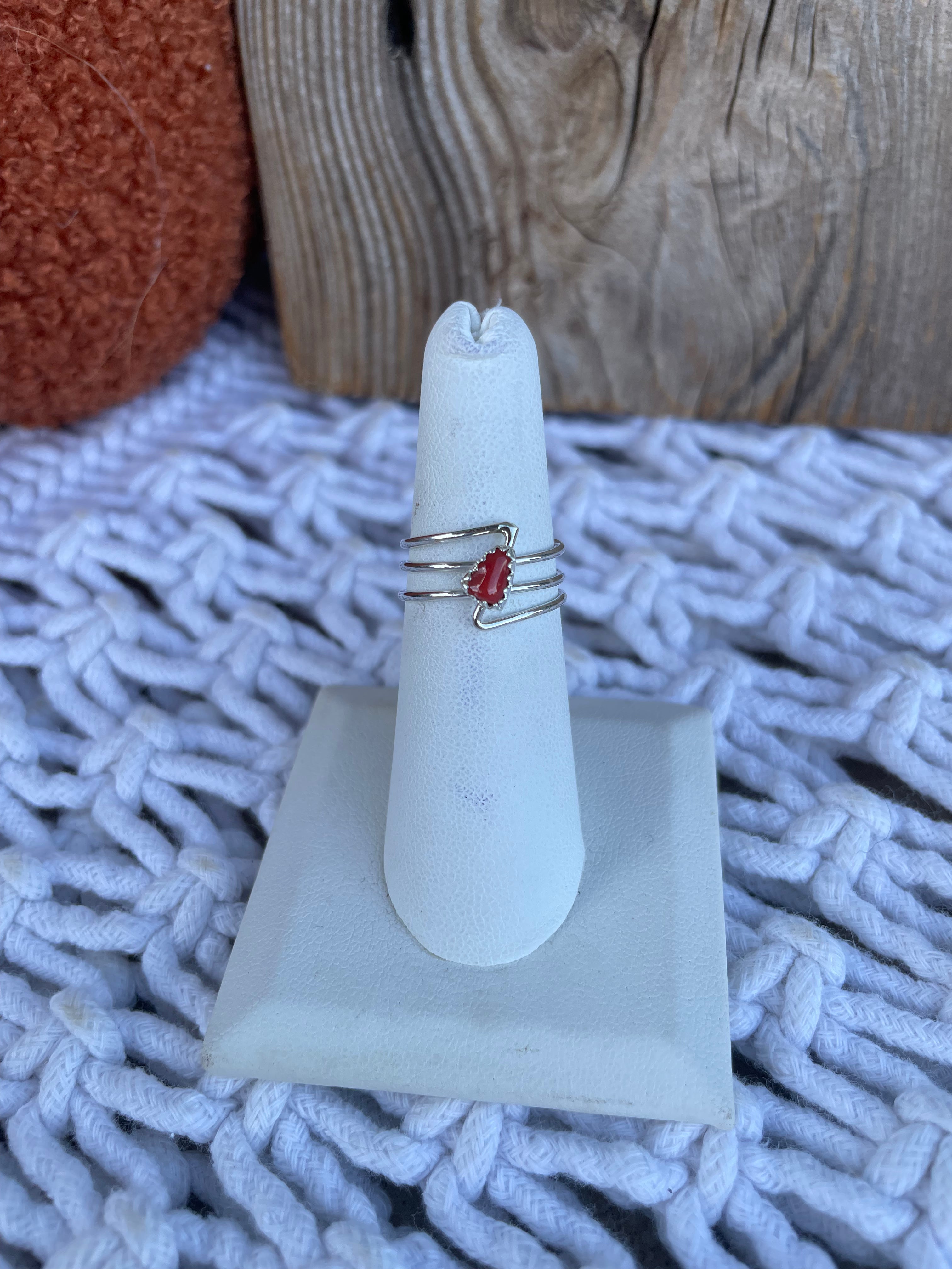 Handcrafted 3 Ring Coral And Sterling Silver Ring