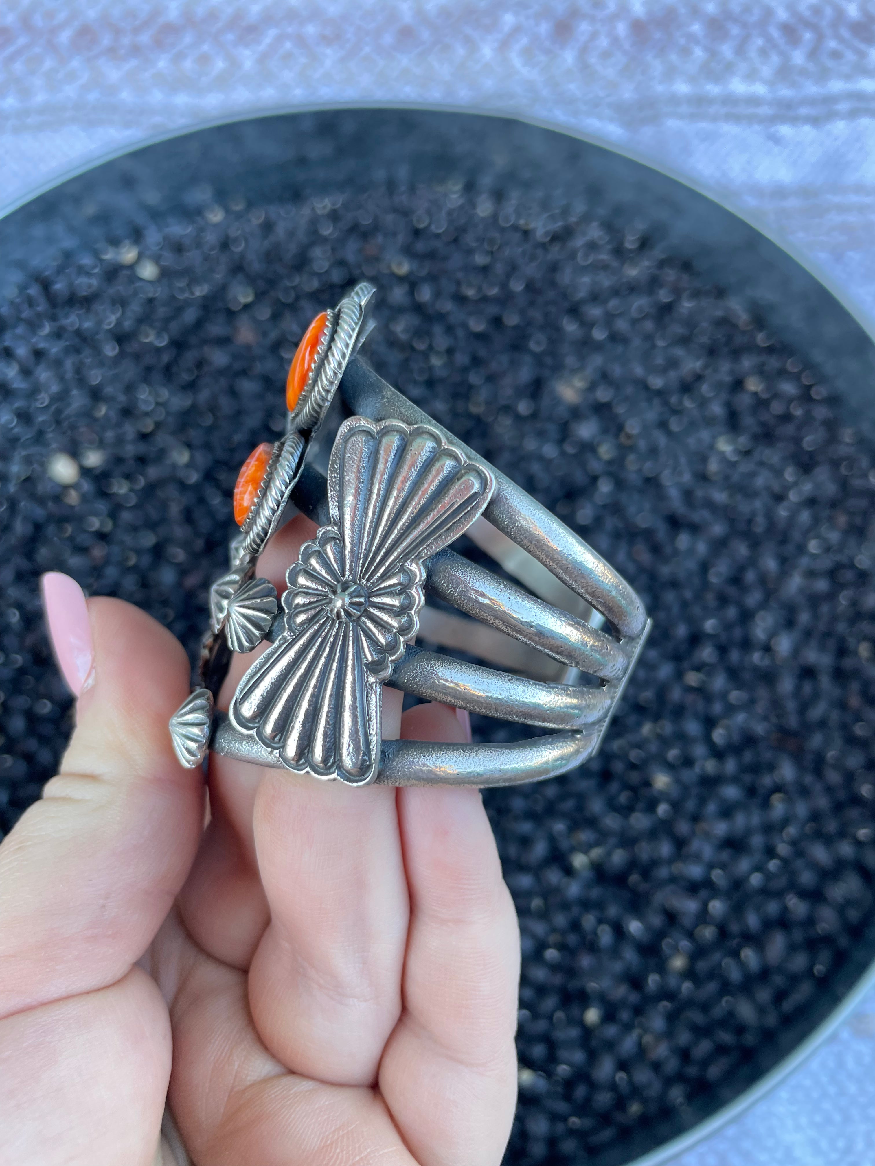 Handcrafted Sterling Silver And Orange Spiny Dragonfly Cuff Bracelet By K Billah