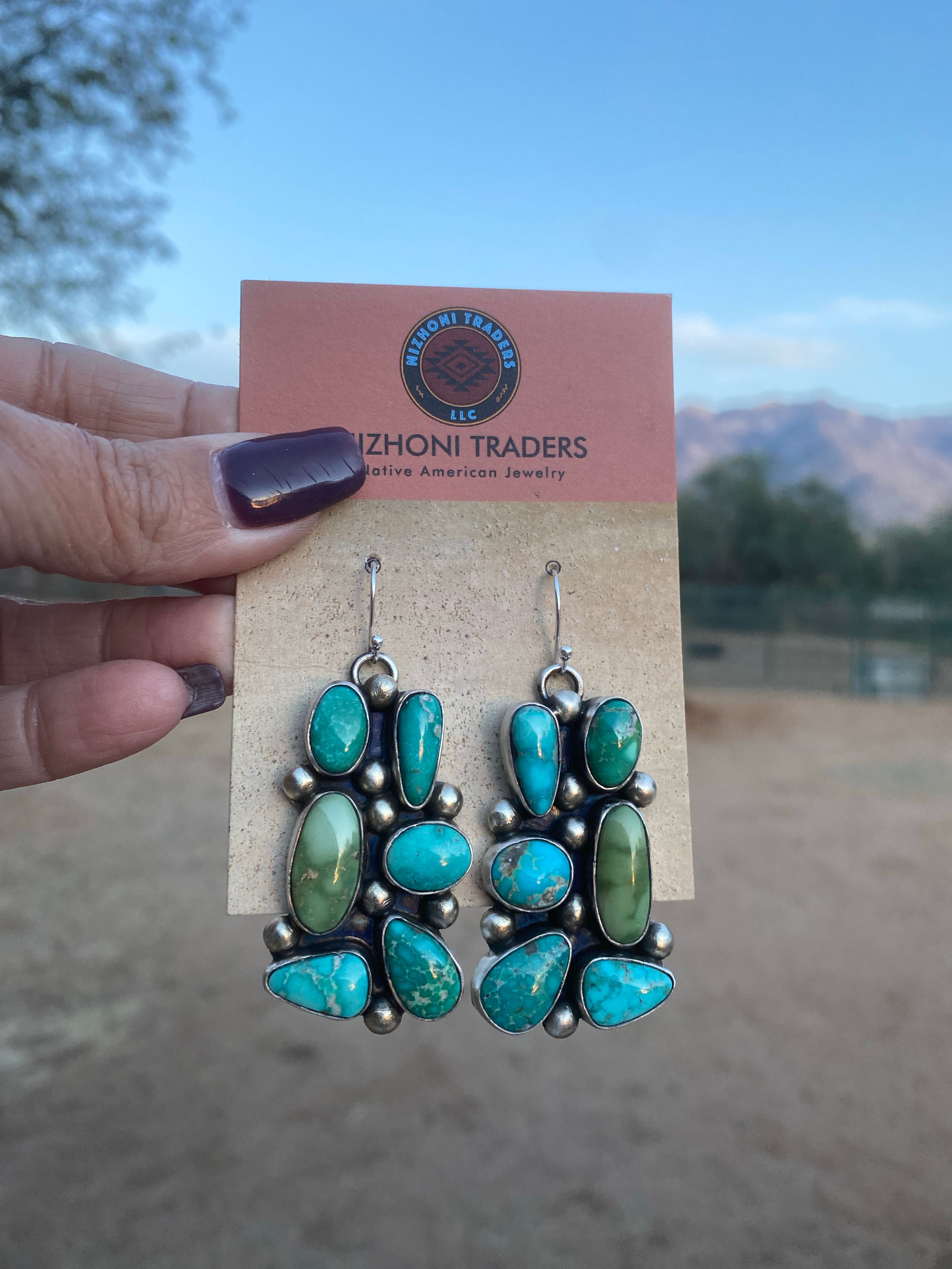 Handcrafted Rectangular Multi Stone Turquoise Dangles