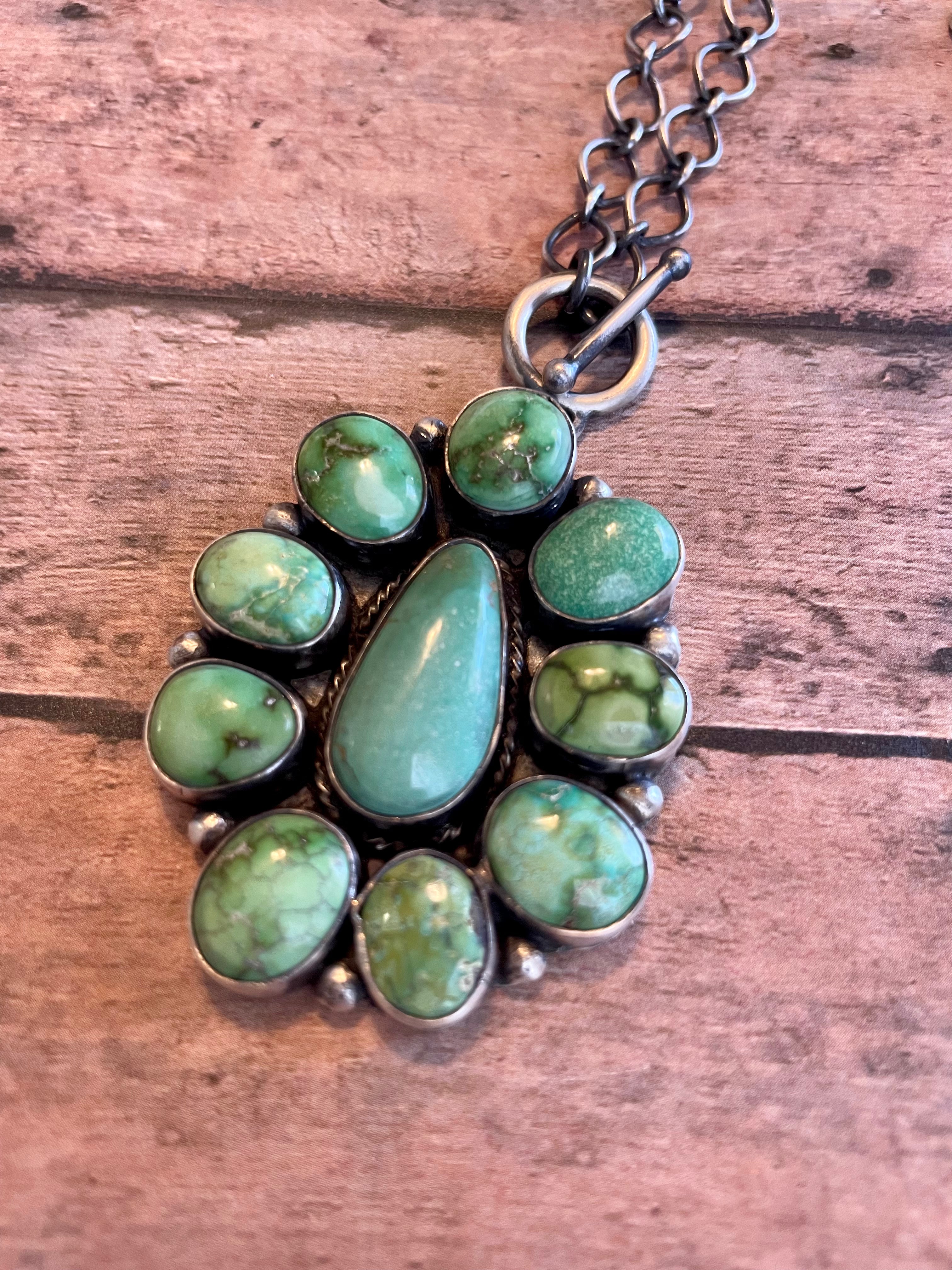 Handcrafted Sterling Silver & Carico Lake Turquoise Cluster Necklace