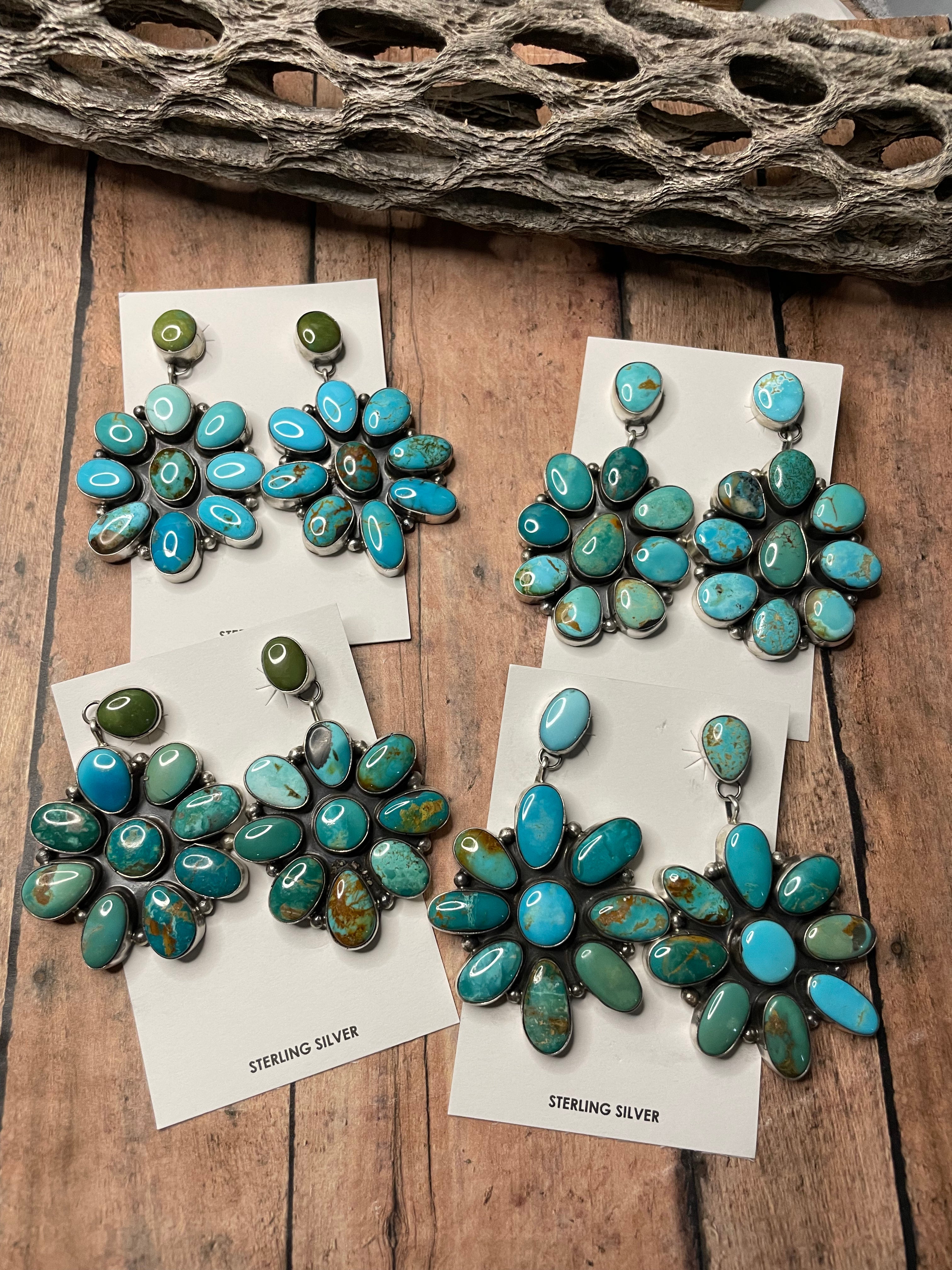 Handcrafted Sterling Silver And Multi Stone Turquoise Dangle Earrings Signed Sheila Becenti