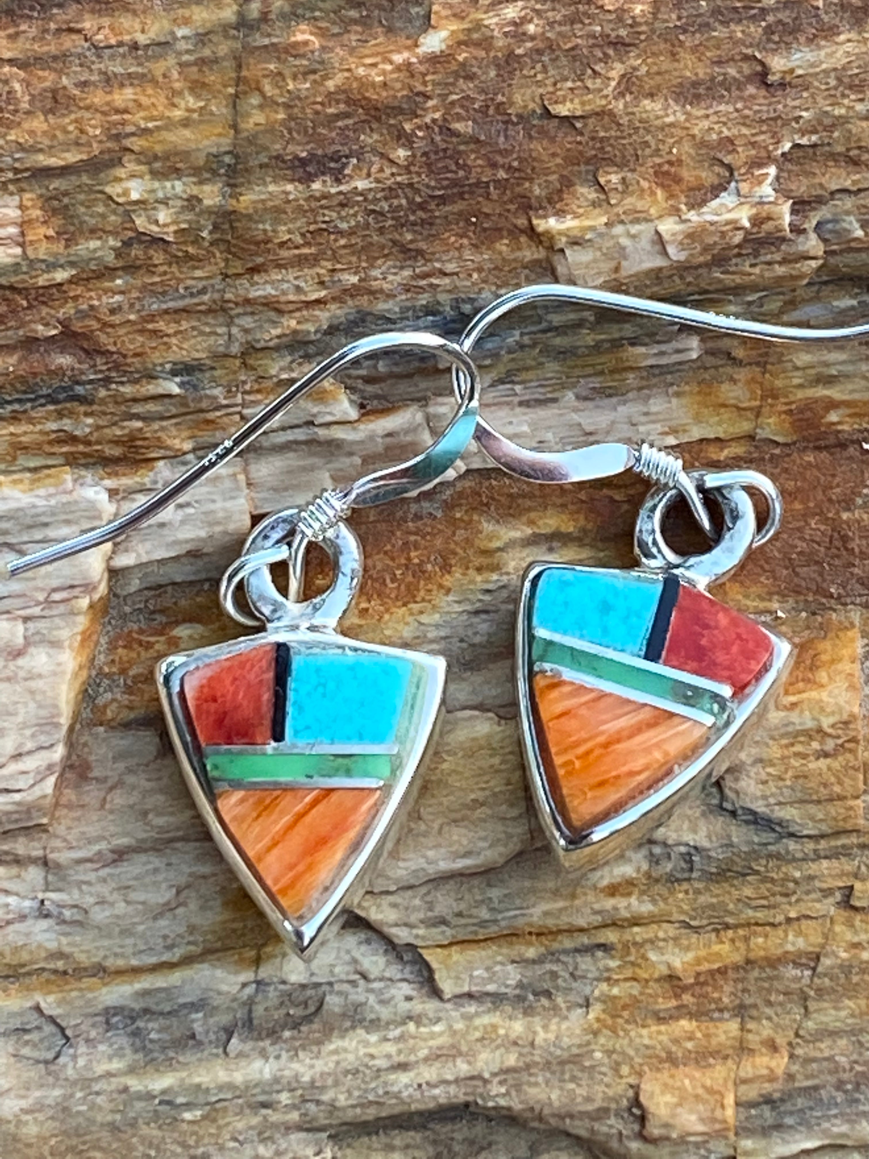 Handcrafted Turquoise Orange Spiny Mini Triangle Drop Earrings