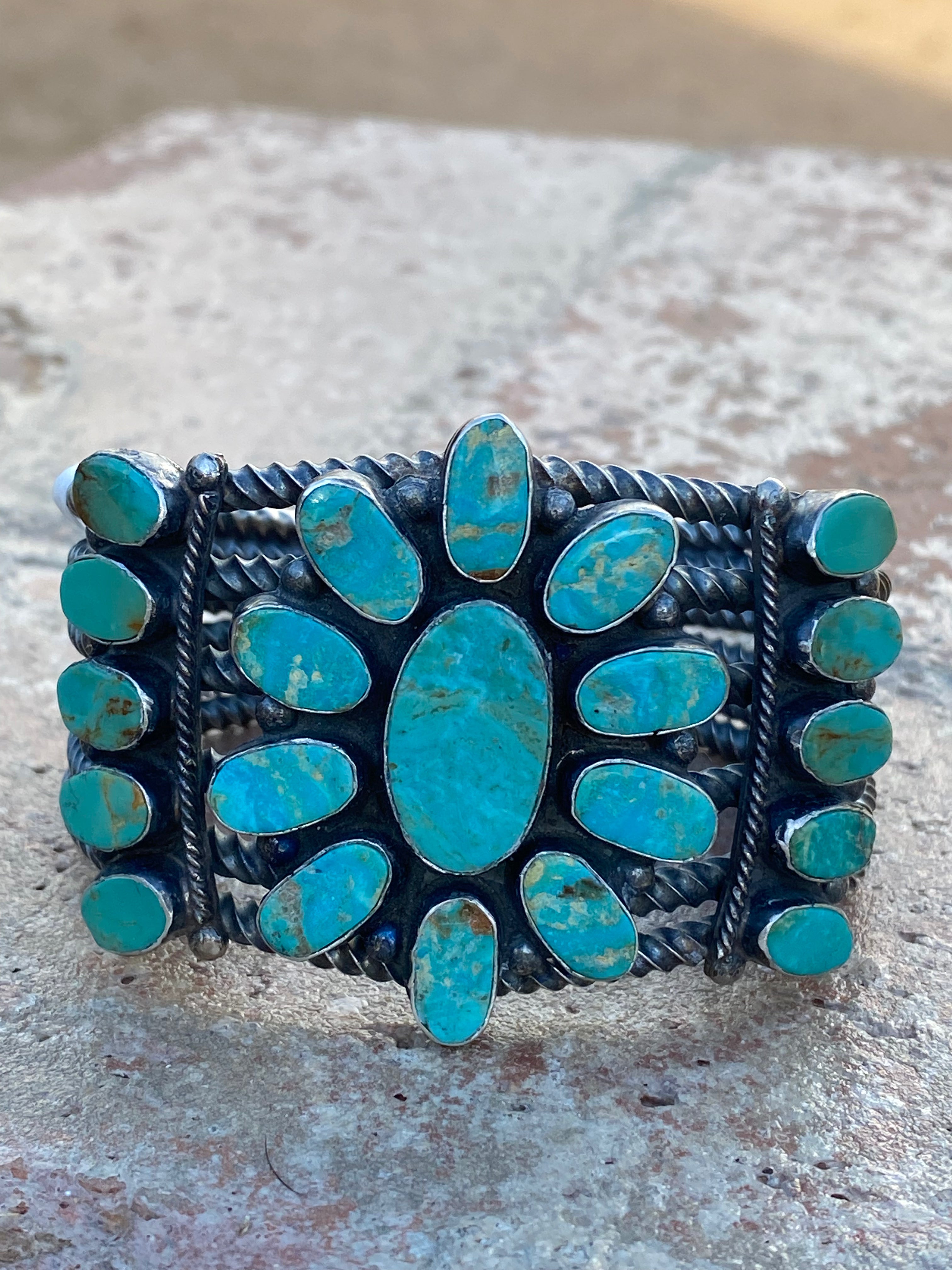 Navajo Jacqueline Silver Royston Turquoise & Sterling Cluster Cuff /