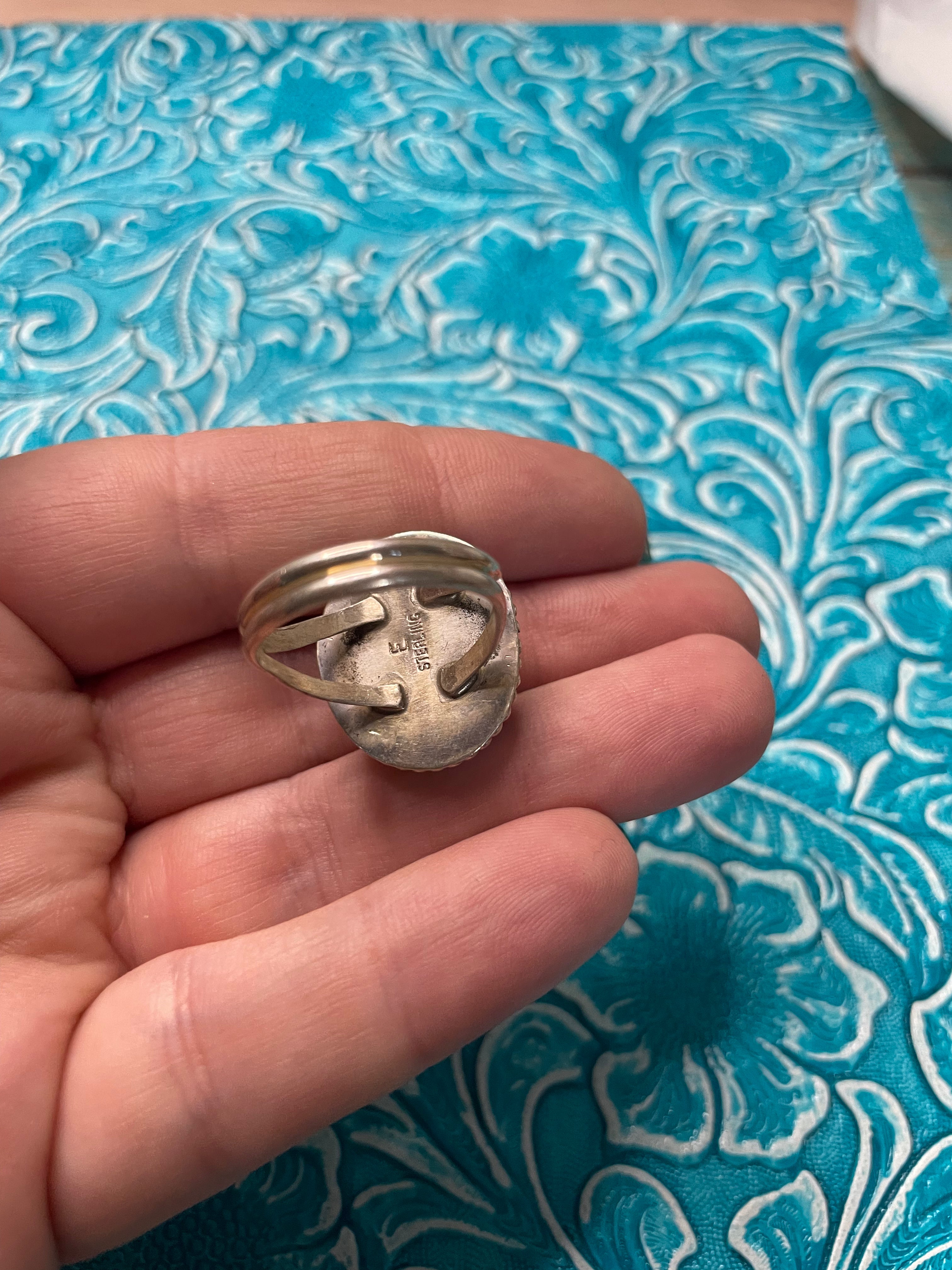 Handcrafted Man Made Sterling Silver & Blue Opal Ring Signed