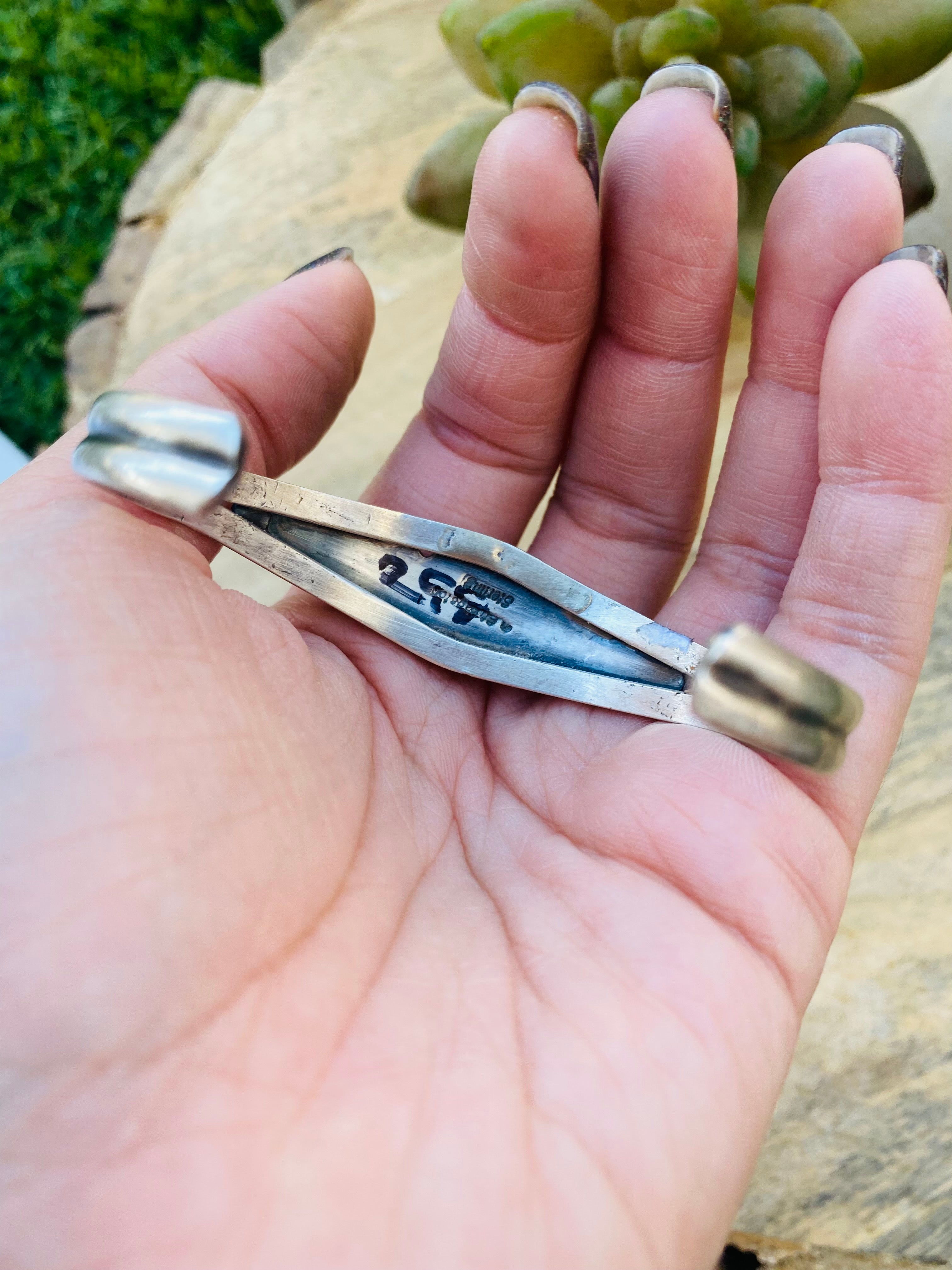 Handcrafted Vintage Turquoise & Sterling Silver Five Stone Cuff Bracelet Signed /