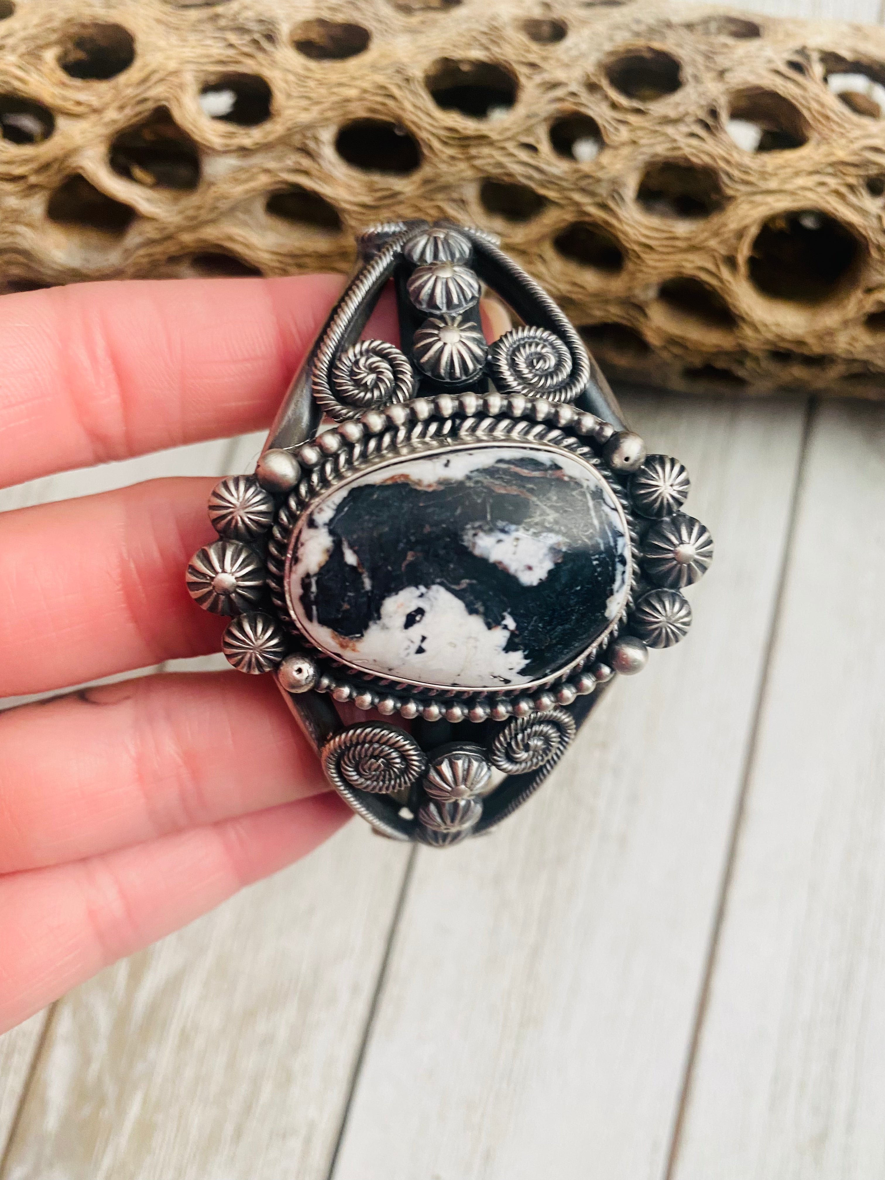 White Buffalo & Sterling Silver Cuff Bracelet Signed /