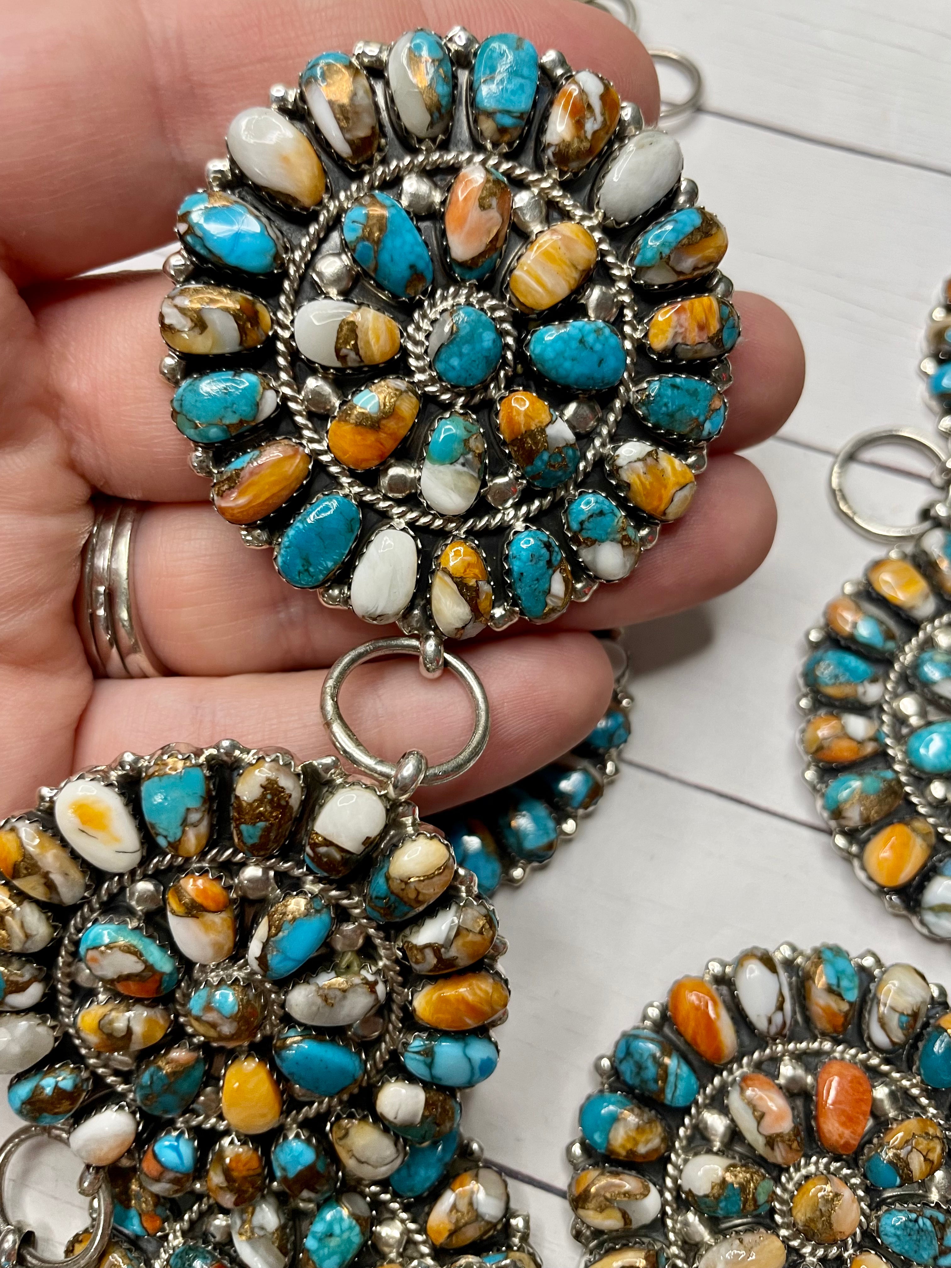 Navajo Multi Stone Spice Mojave Cluster And Sterling Silver Silver Belt, Signed TW