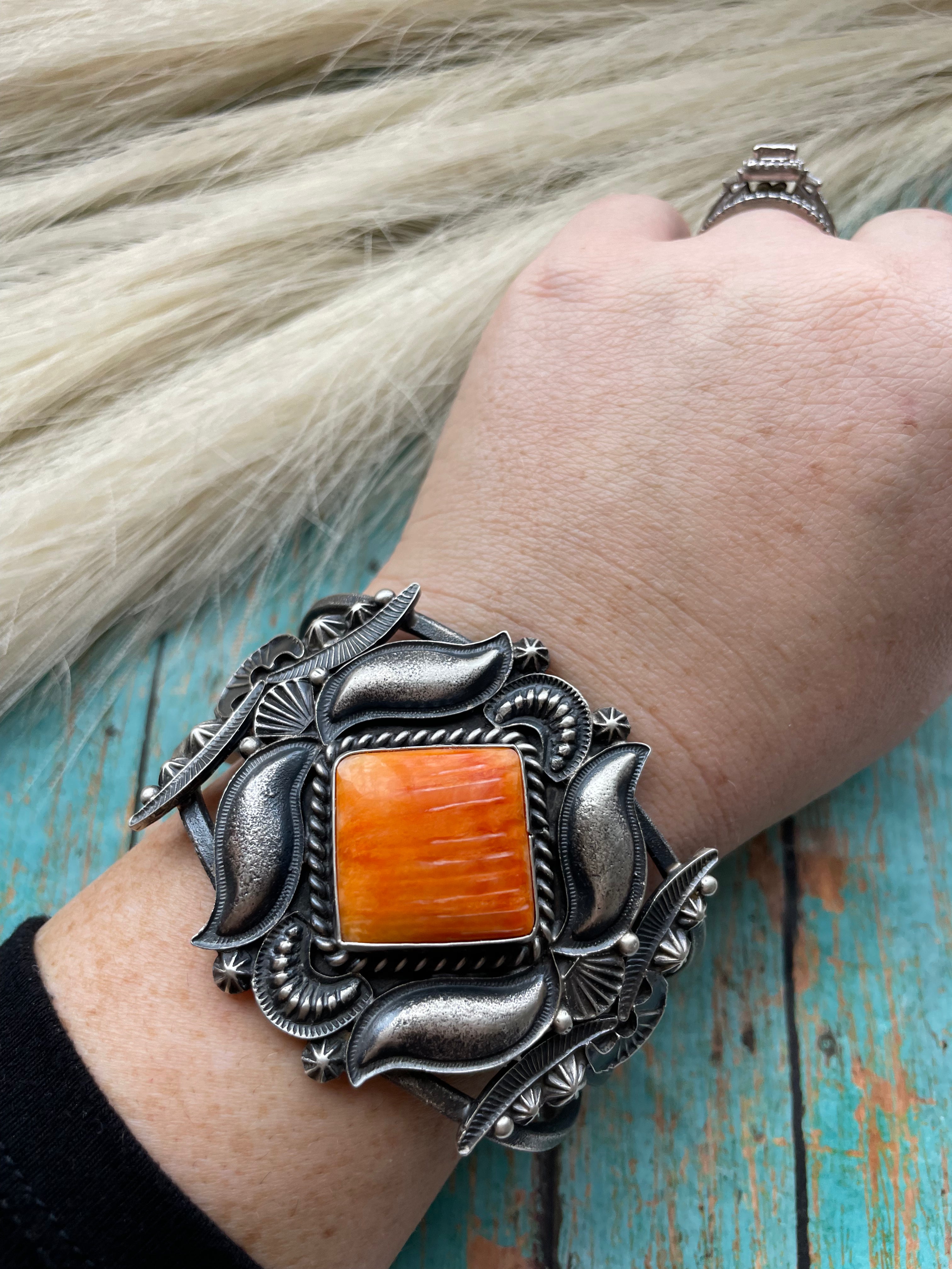 Navajo Orange Spiny Sterling Silver Cuff Bracelet Signed Kevin Billah /