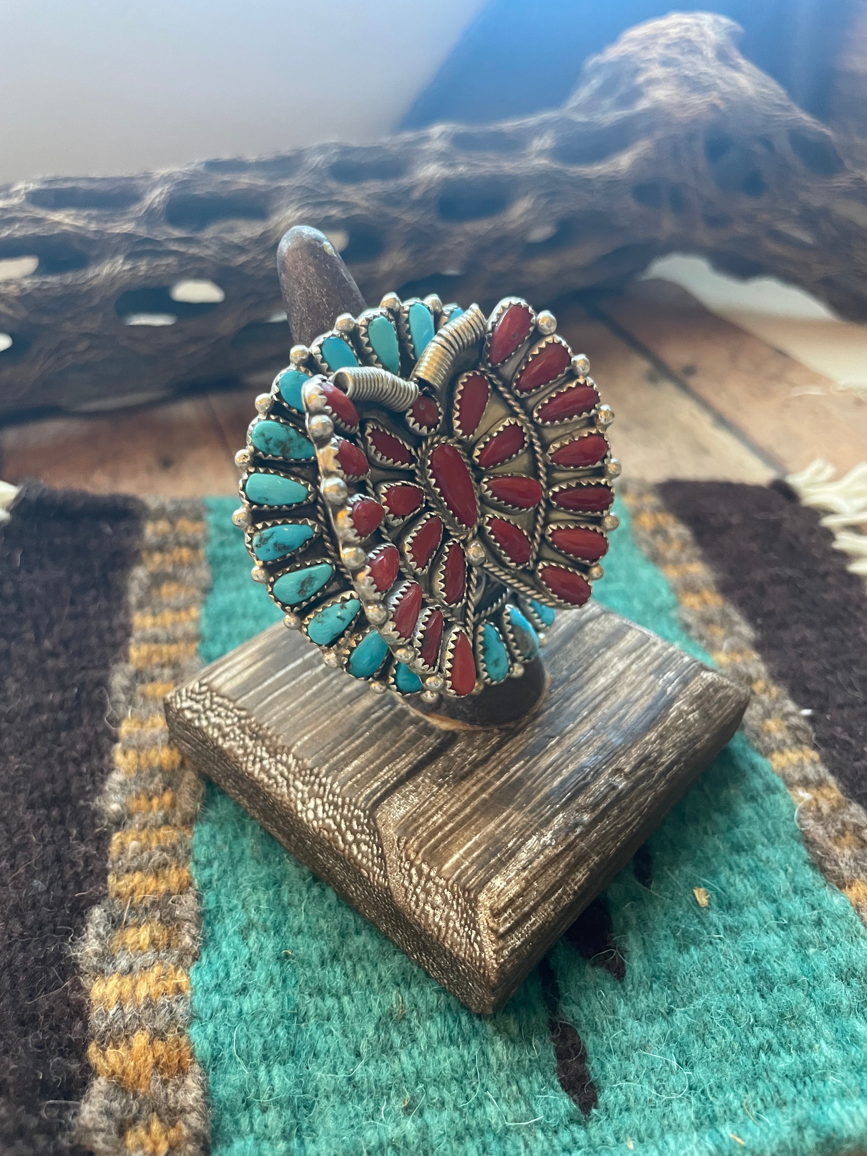 Handcrafted Natural Coral, Kingman Turquoise And Sterling Silver Adjustable Butterfly Ring Signed Janie Wilson