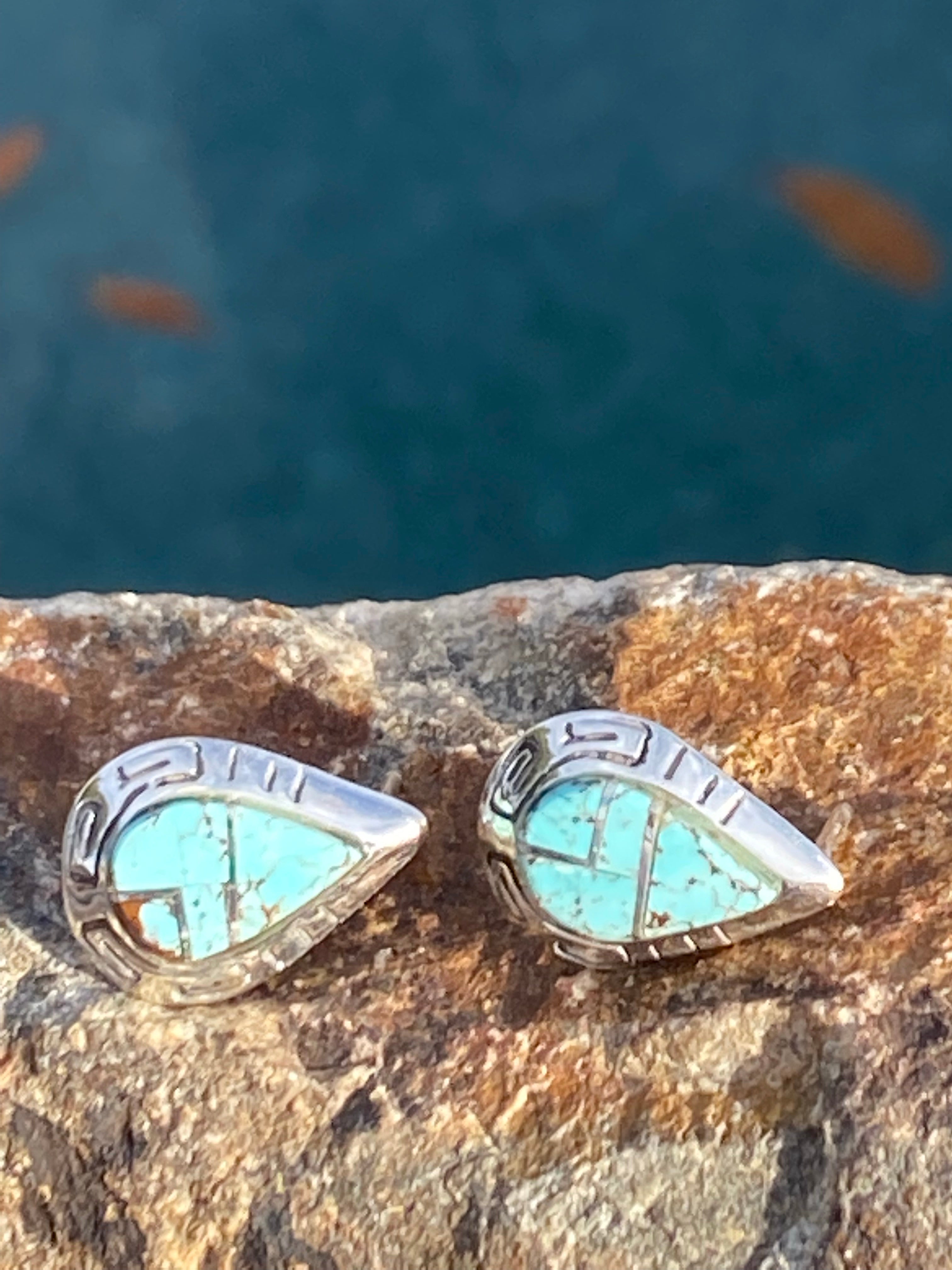 Handcrafted Turquoise 8 & Sterling Silver Tear Drop Stud Earrings