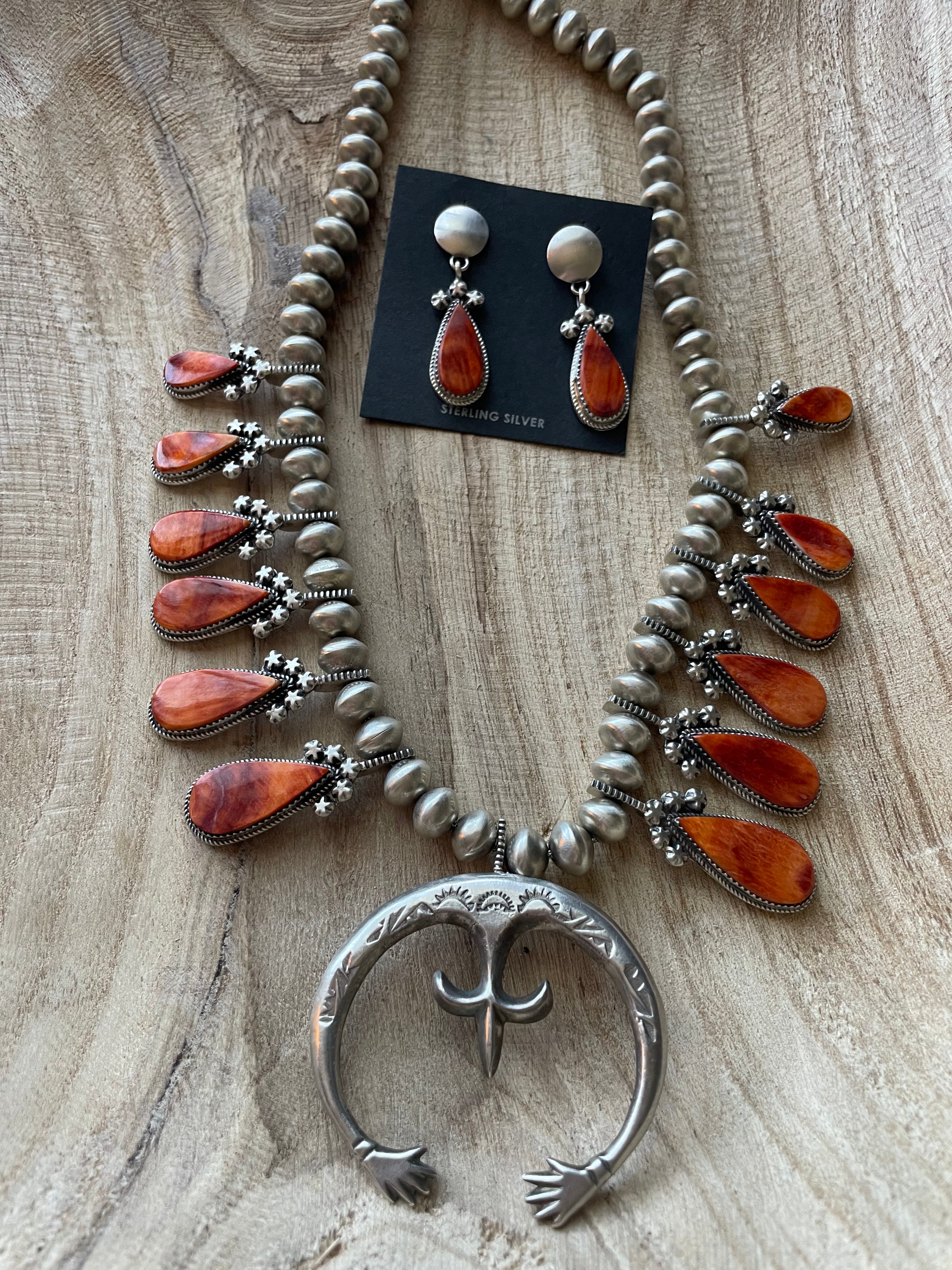 Navajo Orange Spiny And Sterling Silver Squash Blossom Necklace Earrings Set By Selena Warner