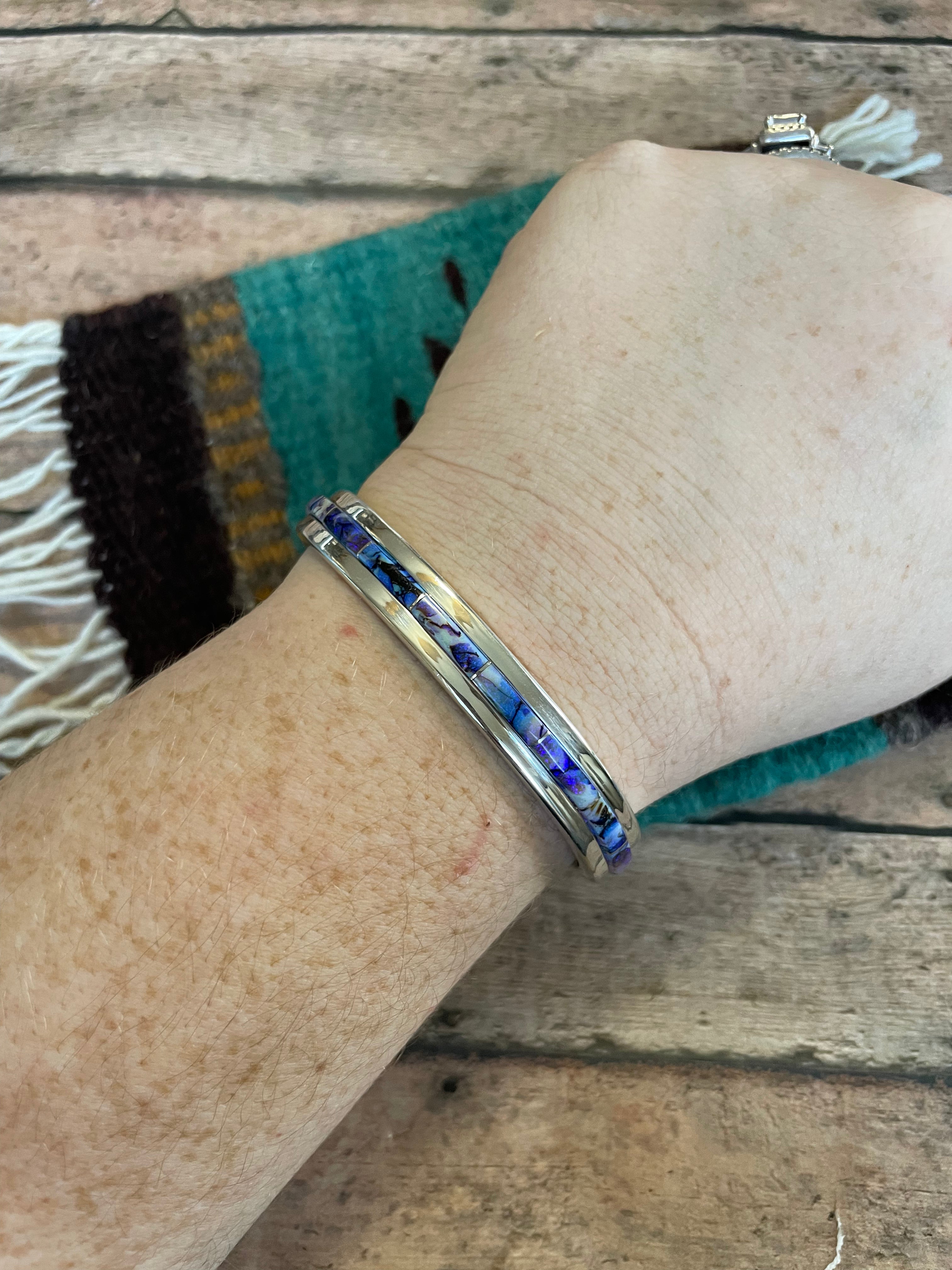 Navajo Handmade Sterling & Blue Opal Web Inlay Cuff Bracelet /