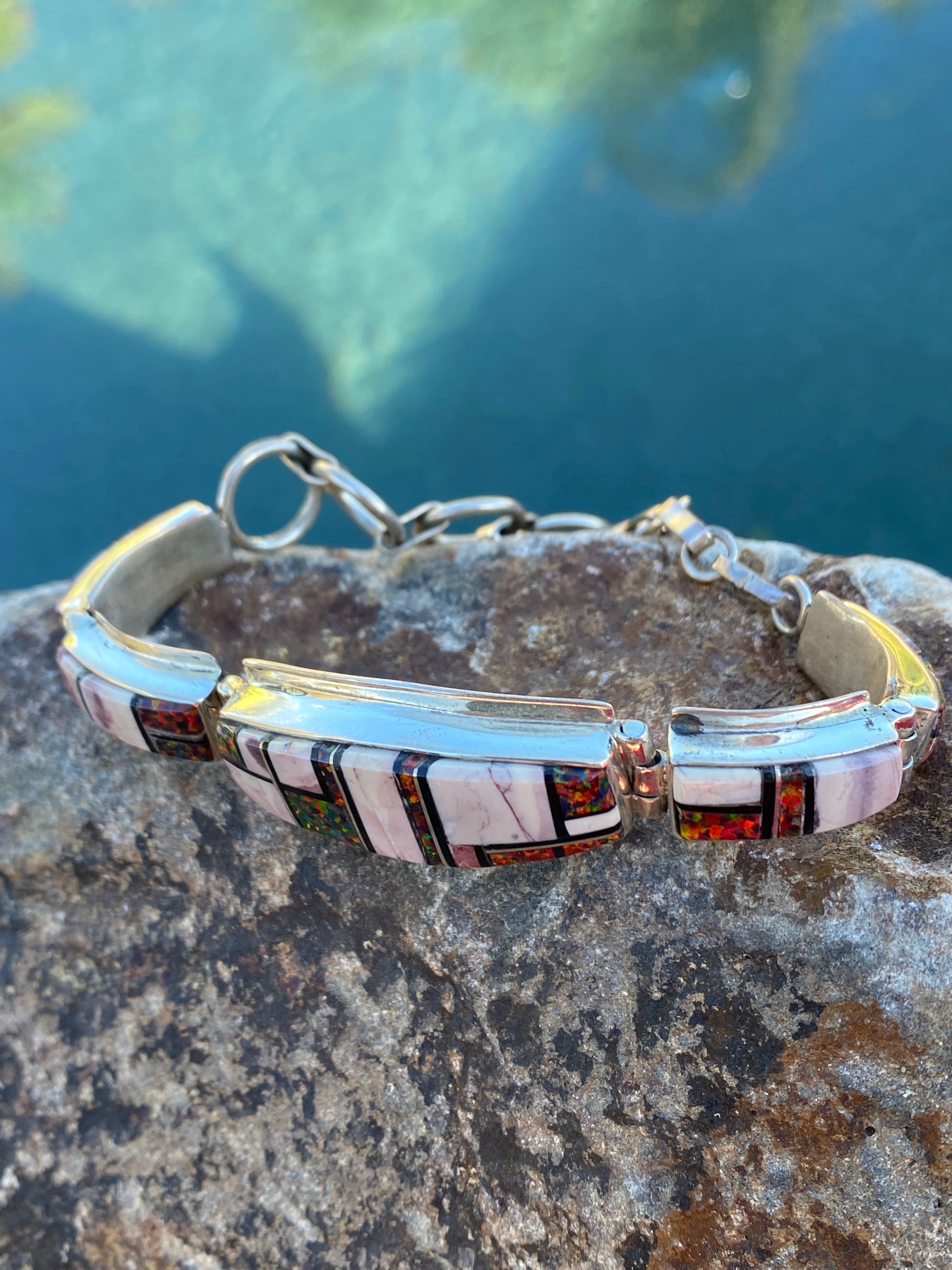 Handcrafted Onyx, Purple Spiny, Coral & Sterling Silver Inlay Bracelet