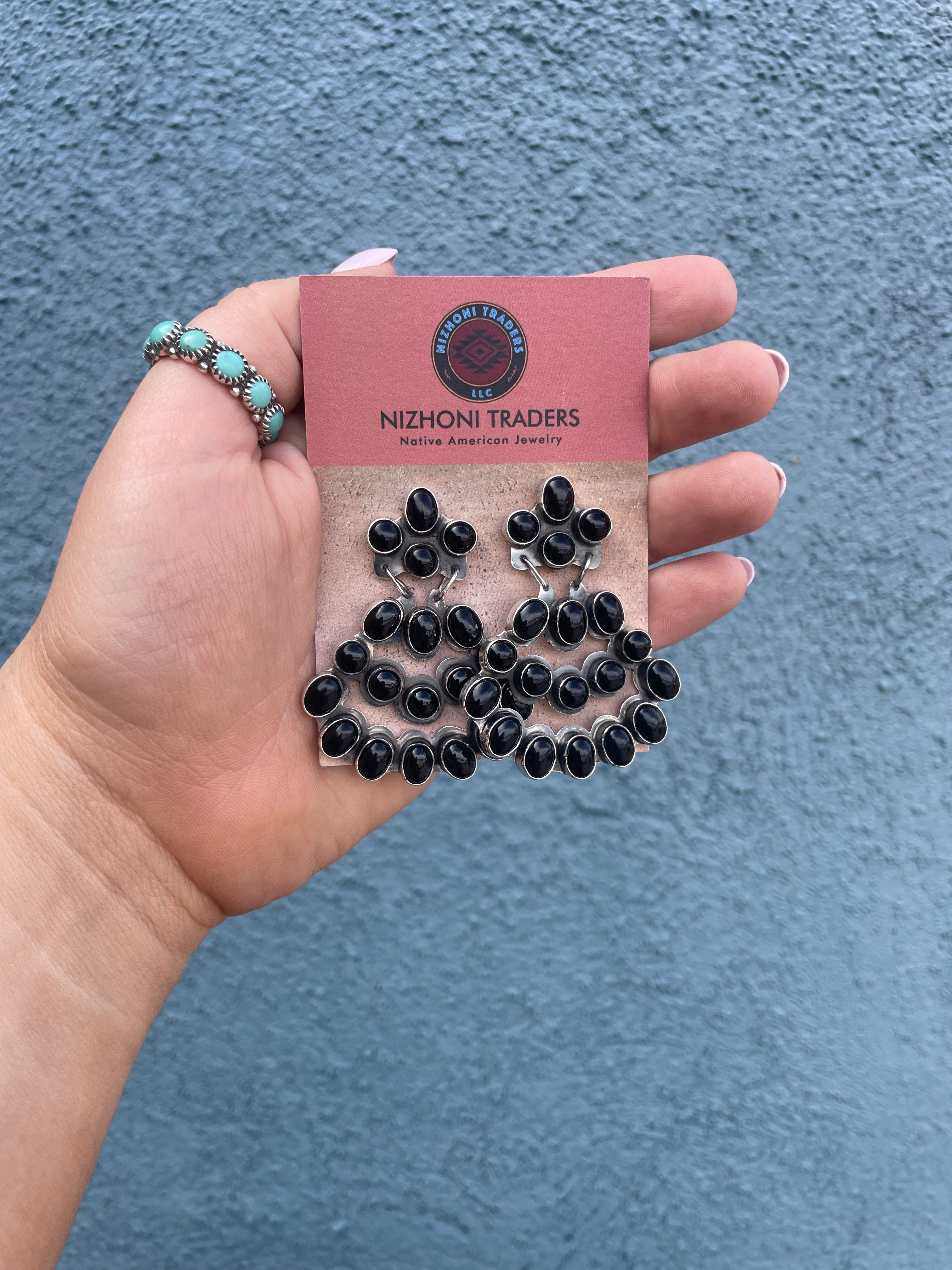 Handcrafted Sterling Silver & Black Onyx Dangle Earrings Signed