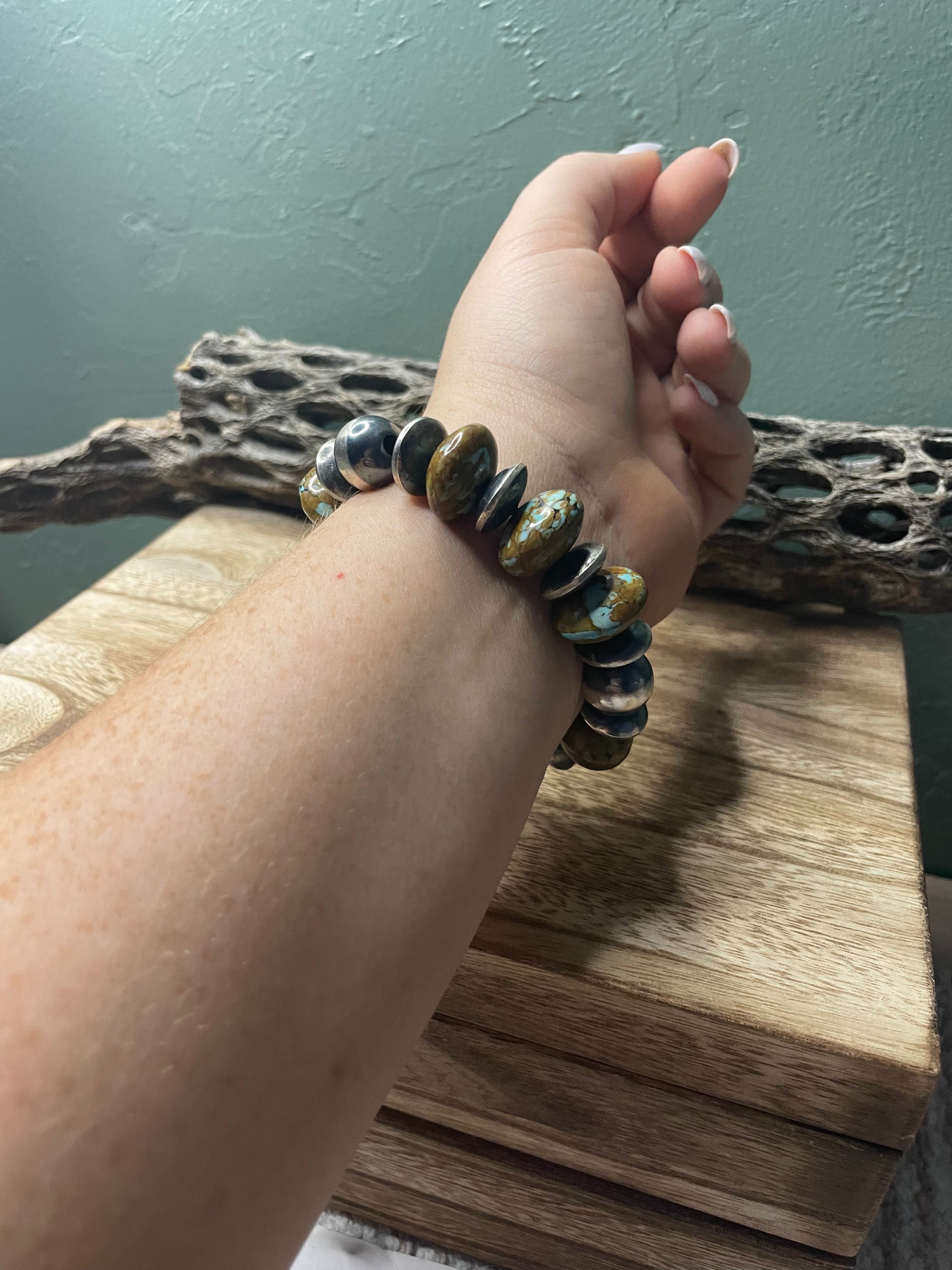 Handcrafted Sterling Silver Stretchy Natural #8 Turquoise Medium Beaded Bracelet 14 mm pearl