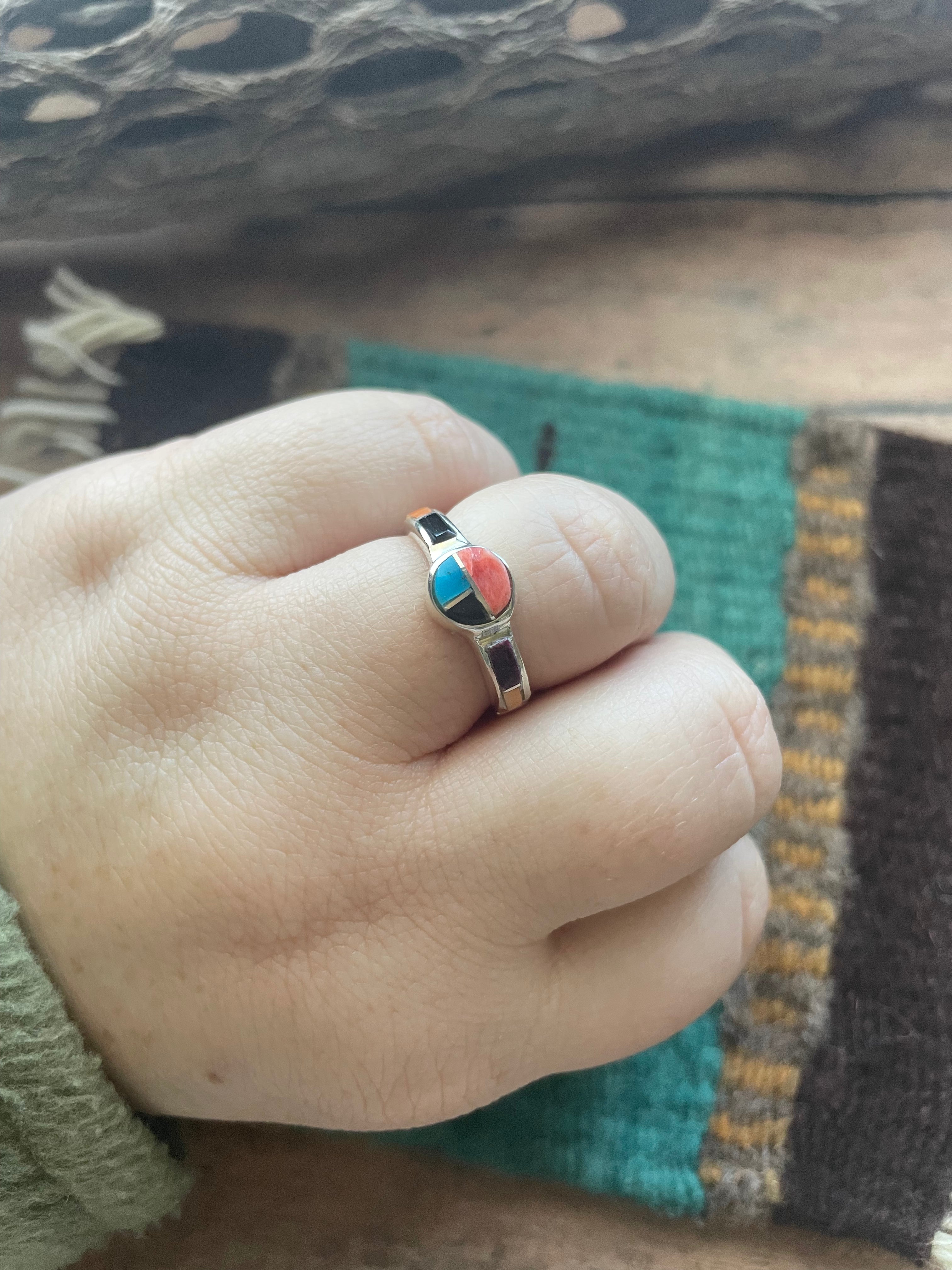 Navajo Sterling Silver & Multi Stone Inlay Ring Size 7.5