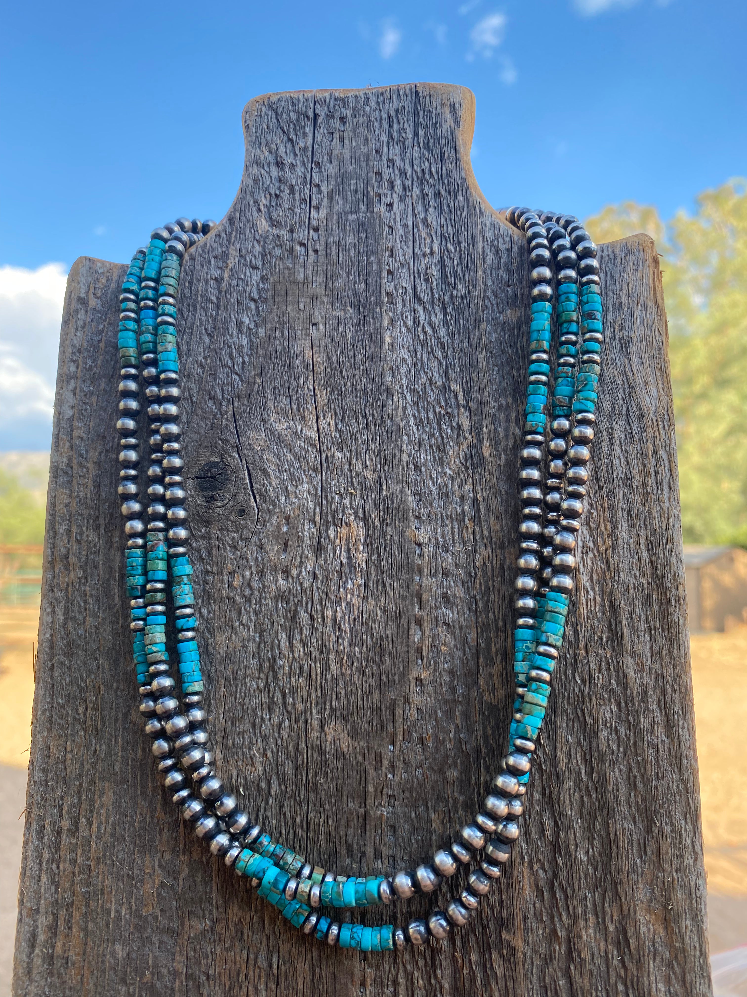 Handcrafted 3 Strand Kingman Turquoise & Sterling Beaded 18 inches