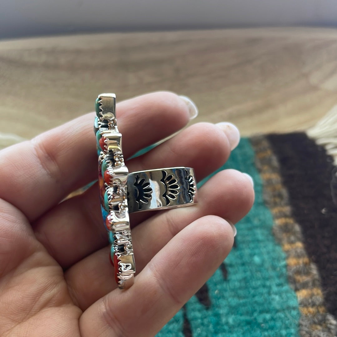 Handmade Sterling Silver Pink Dream, Natural Coral & Turquoise Cluster Adjustable Ring Signed Nizhoni