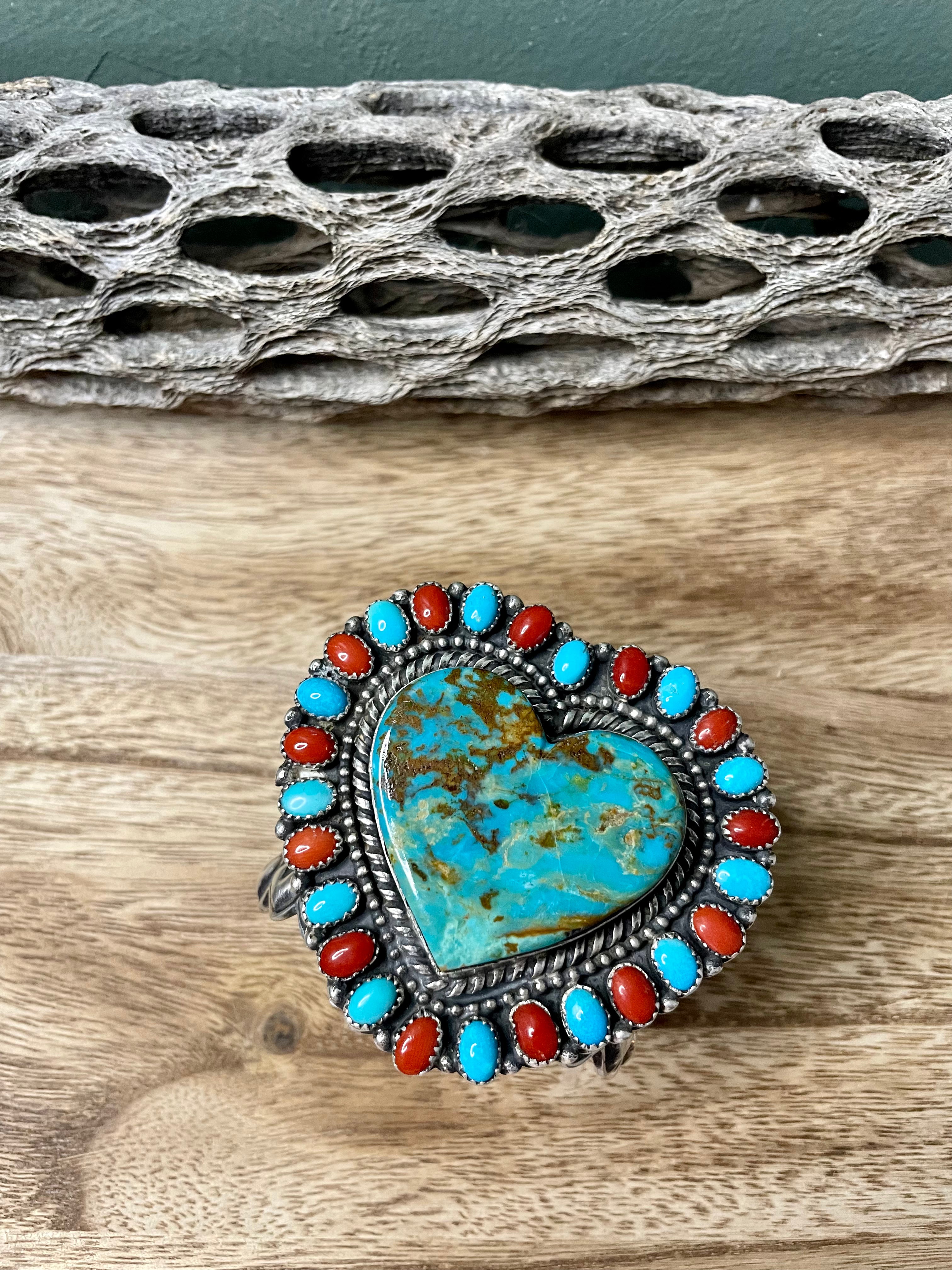 Navajo Sterling Heart Statement Turquoise And Natural Red Coral Bracelet Cuff Signed /