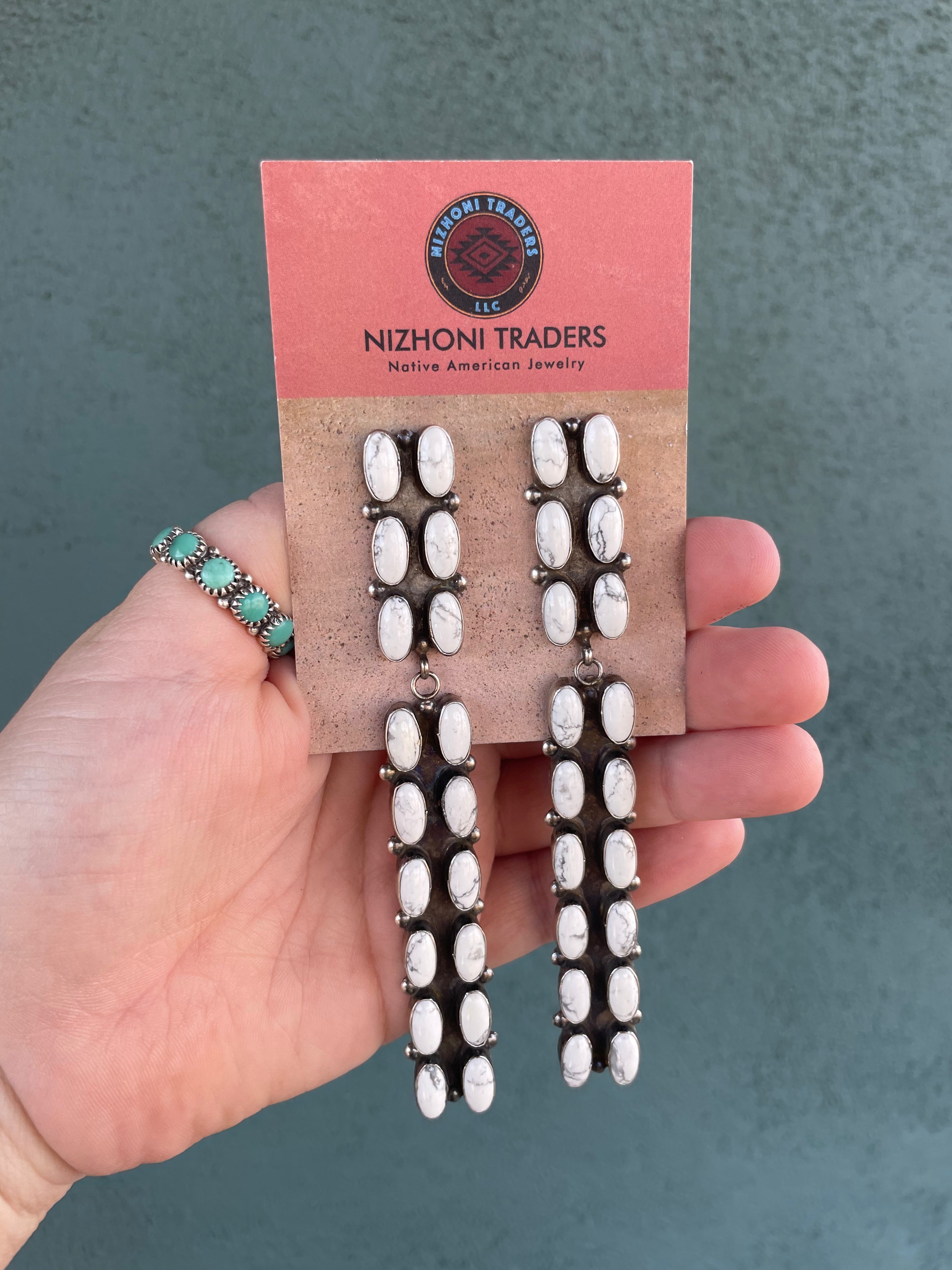 Handcrafted Jacqueline Silver White Buffalo & Sterling Silver Dangle Earrings Signed