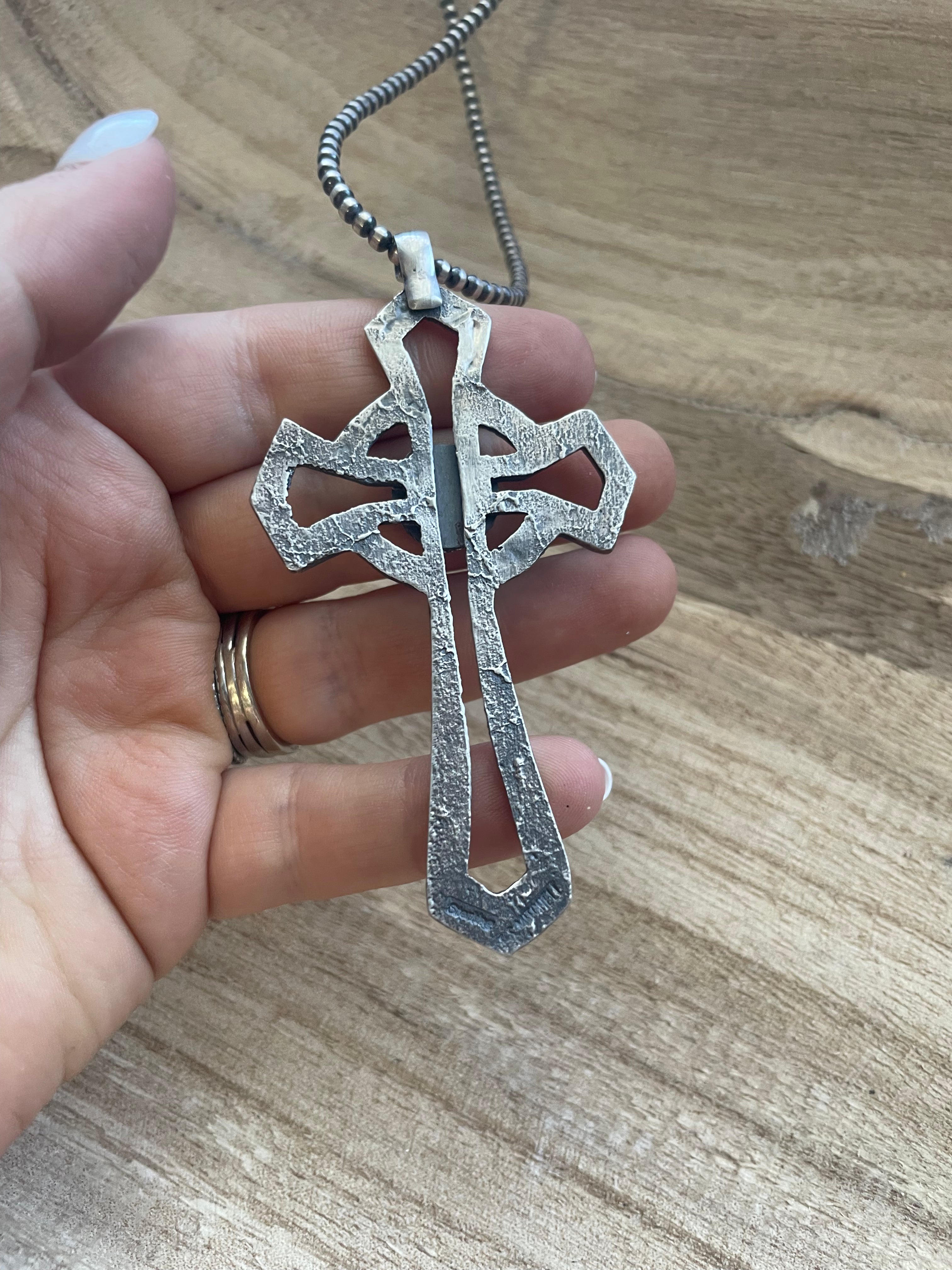 Navajo Sterling Silver & Turquoise Cross Pendant Signed Eugene Mitchell