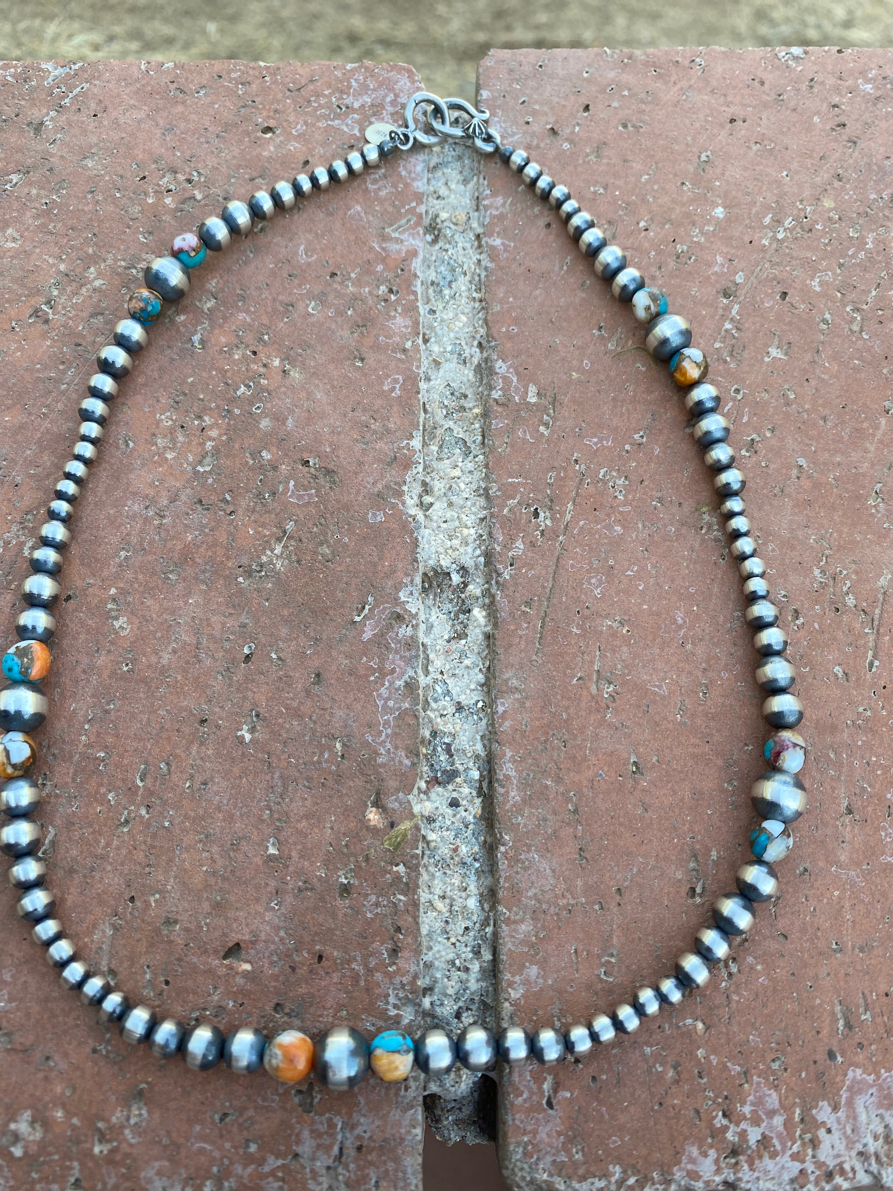 Handcrafted Turquoise & Spiny Spice Sterling Silver Beaded Necklace 18 inch