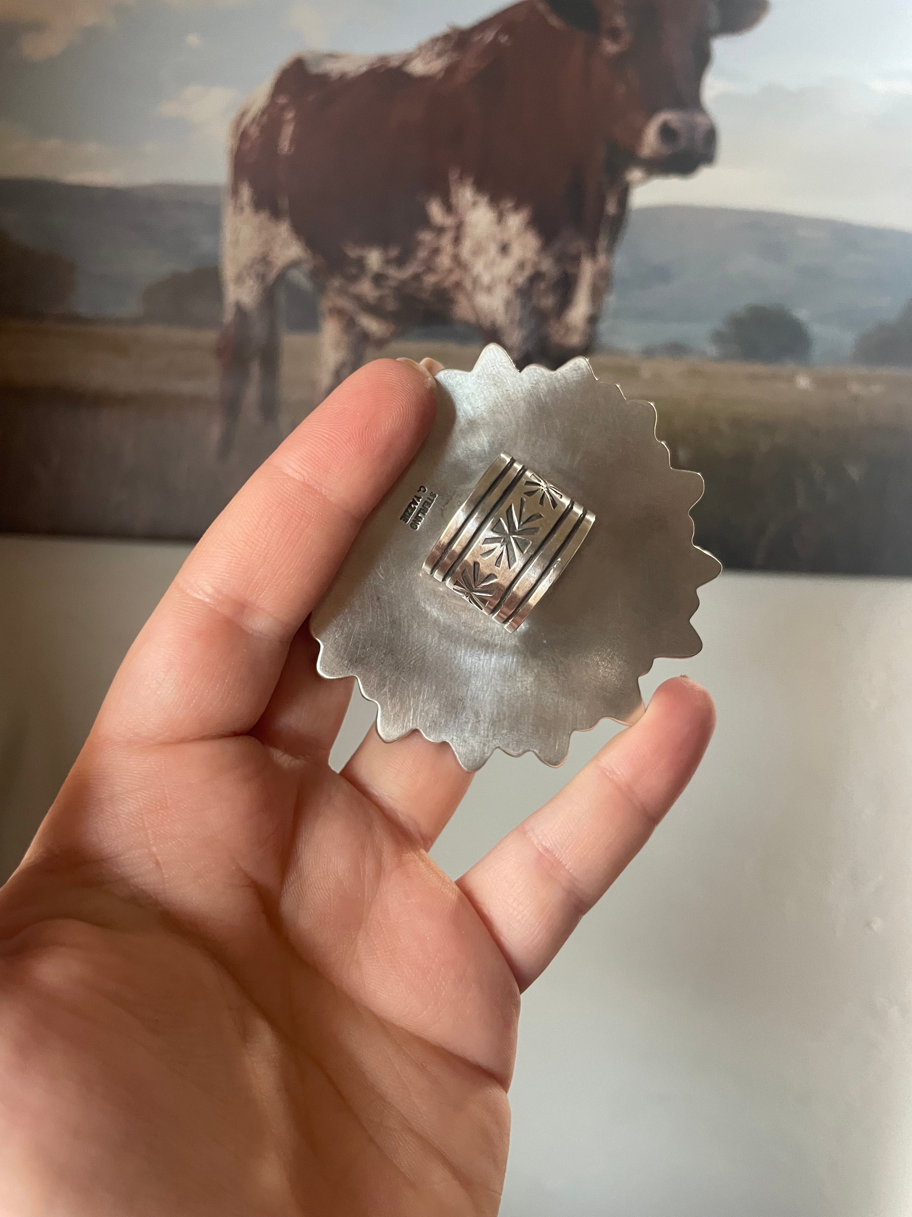 Handcrafted Sterling and Queen Pink Conch Shell Adjustable Statement Ring Signed C Yazzie