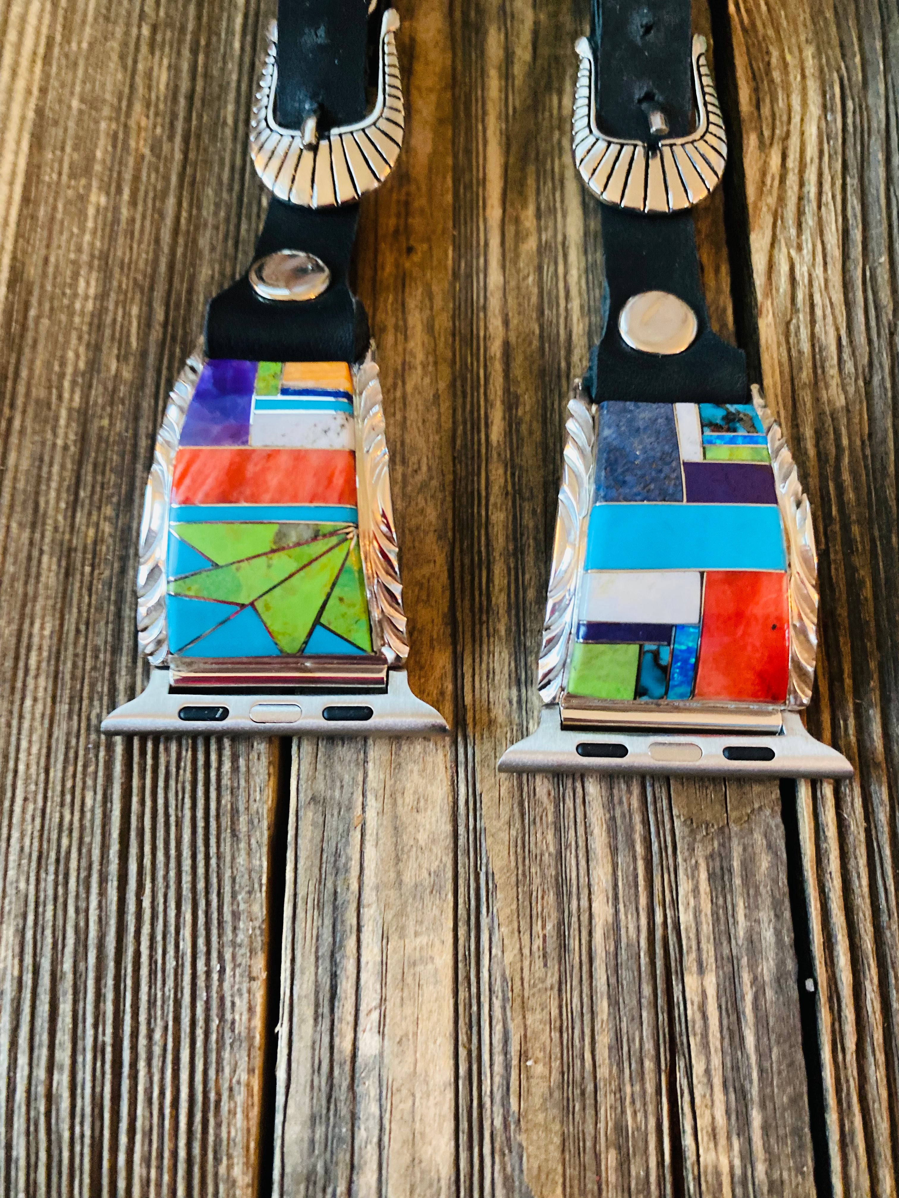 Handcrafted Multi Stone, Sterling Silver & Black Leather Smartphone Watch Band