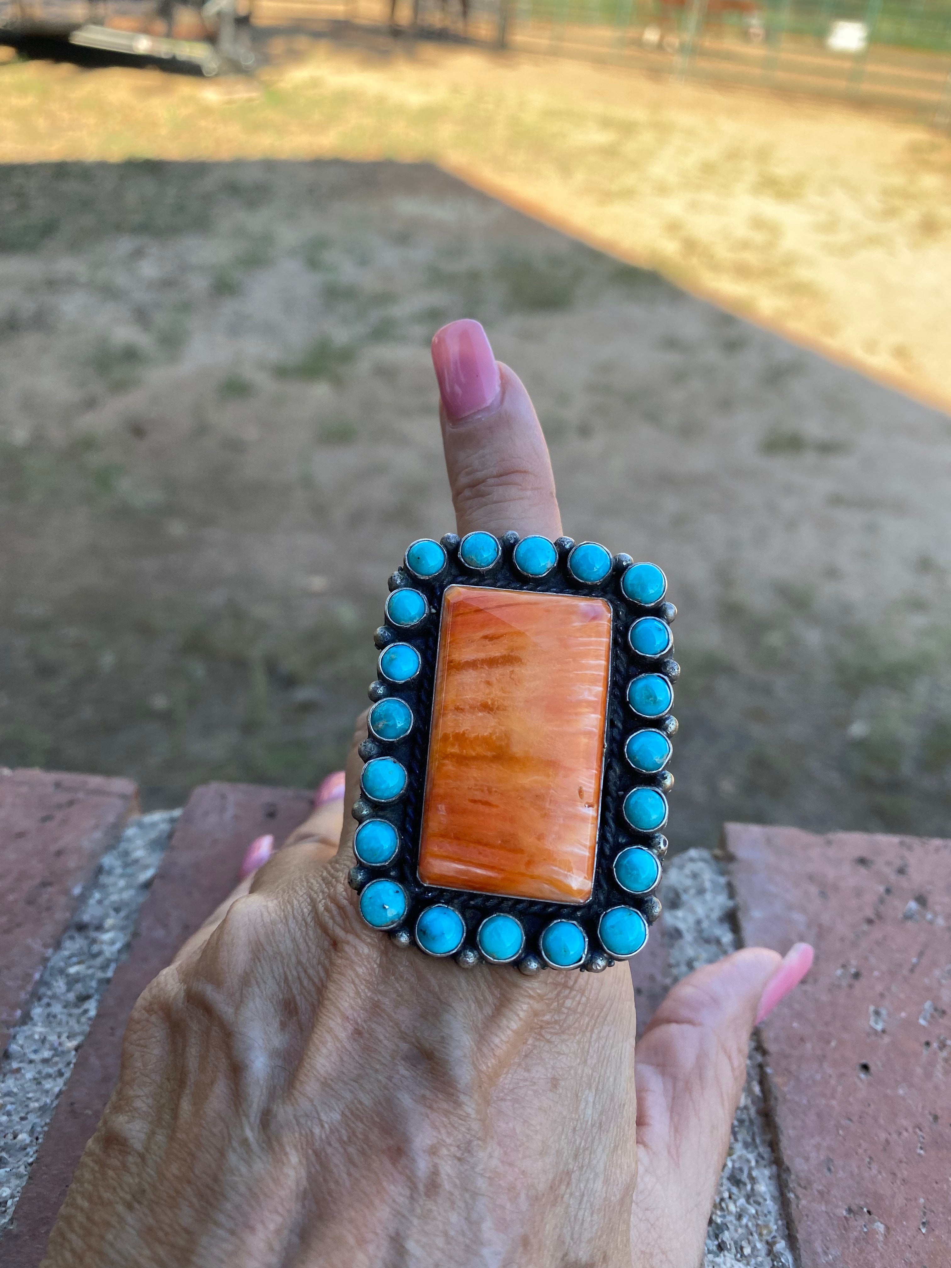 Navajo Cluster Turquoise Spiny Oyster Sterling Silver Ring Sz 8