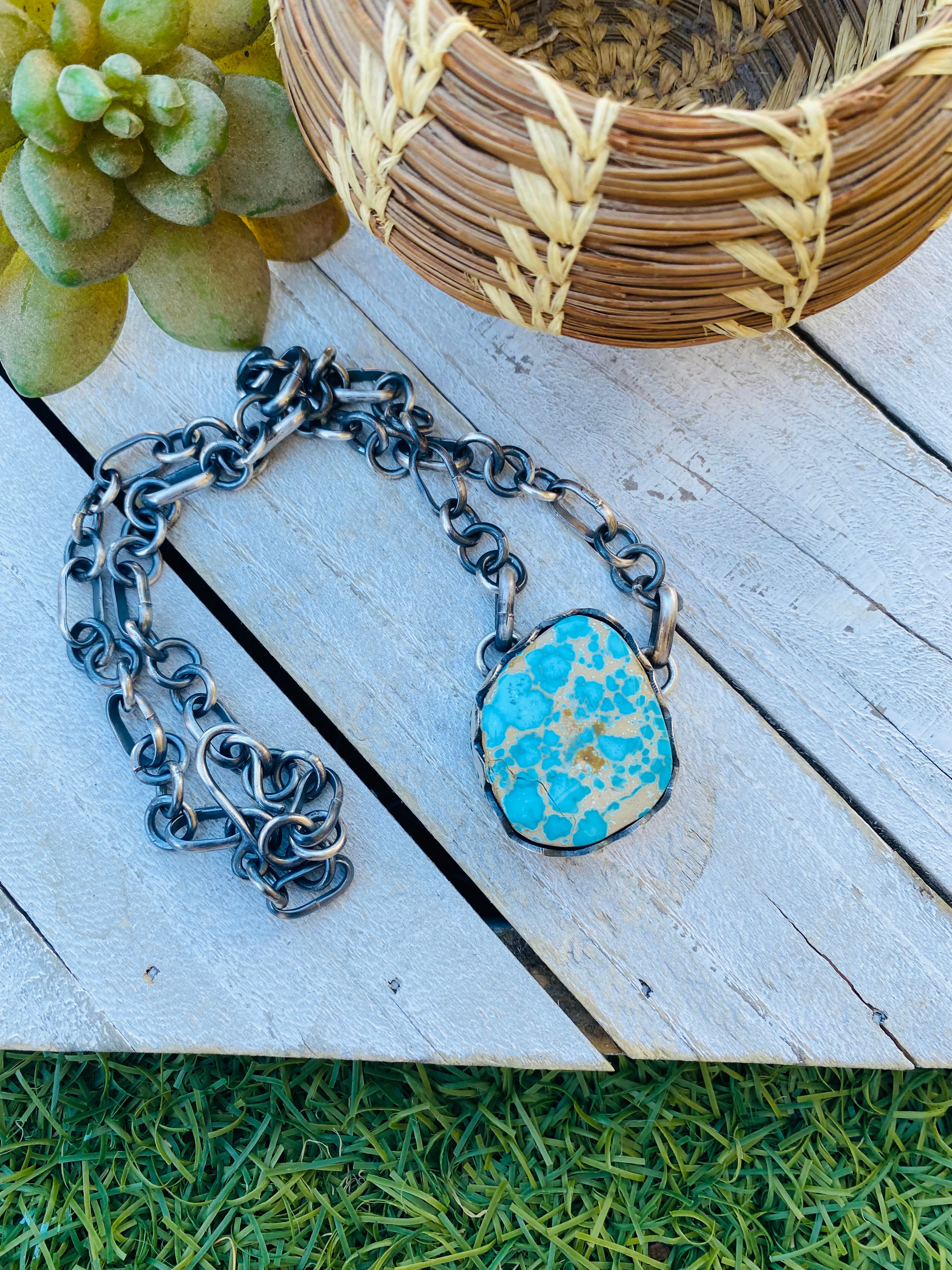 Handcrafted Number 8 Turquoise & Sterling Silver Necklace Signed