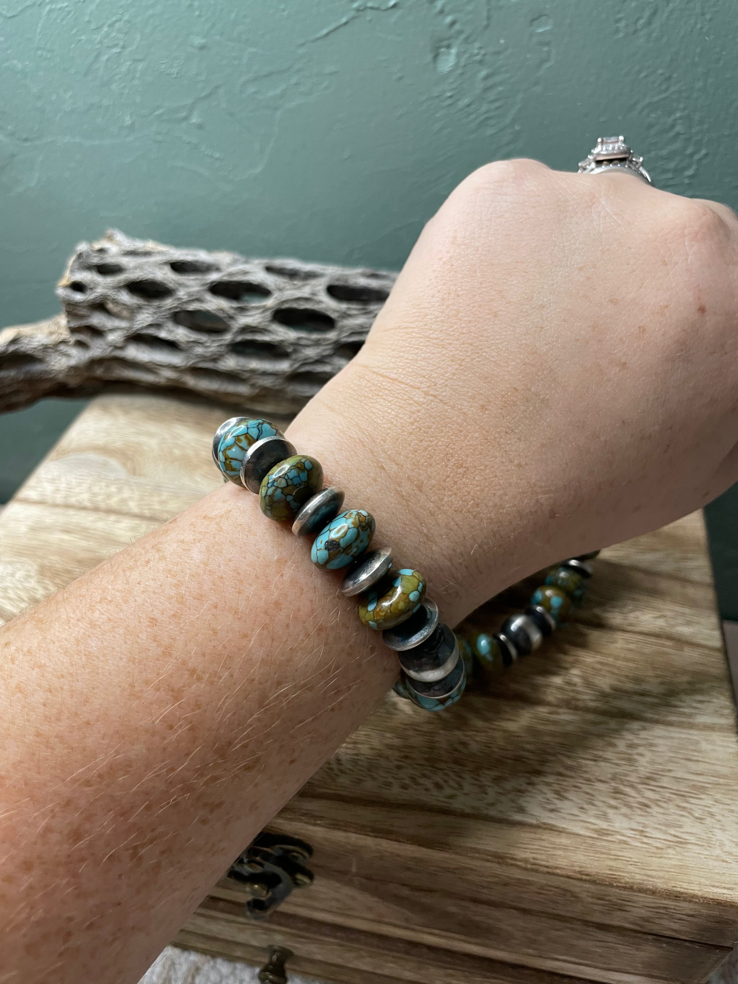 Handcrafted Sterling Silver Stretchy Natural #8 Turquoise Beaded Bracelet 12 mm pearl