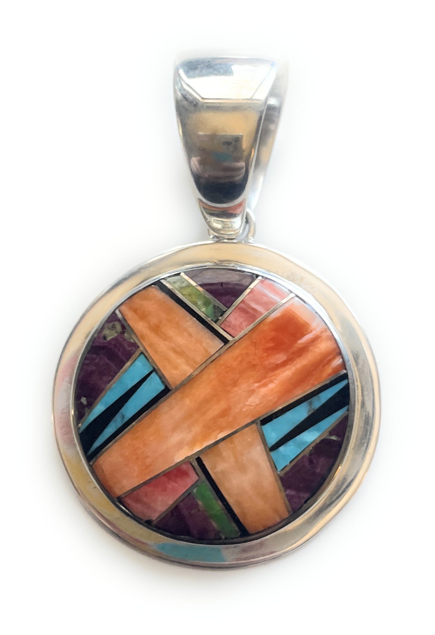 Handcrafted Multi Stone Inlay & Sterling Silver Circle Pendant